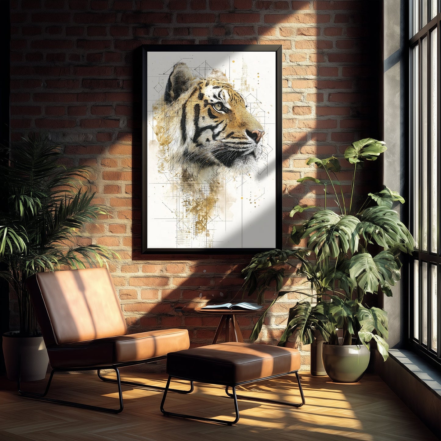 Tiger Diagram Art Print - Gold Blueprint Animal Poster - Big Cat Sketch Illustration - Tiger Portrait 1/3