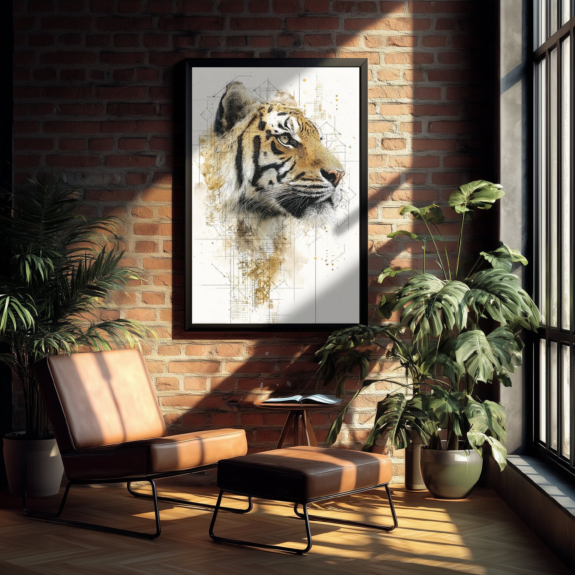 Tiger Diagram Art Print - Gold Blueprint Animal Poster - Big Cat Sketch Illustration - Tiger Portrait 1/3