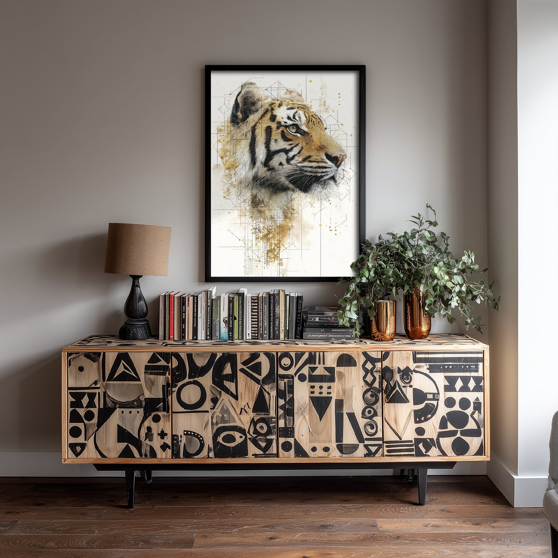 Tiger Diagram Art Print - Gold Blueprint Animal Poster - Big Cat Sketch Illustration - Tiger Portrait 1/3