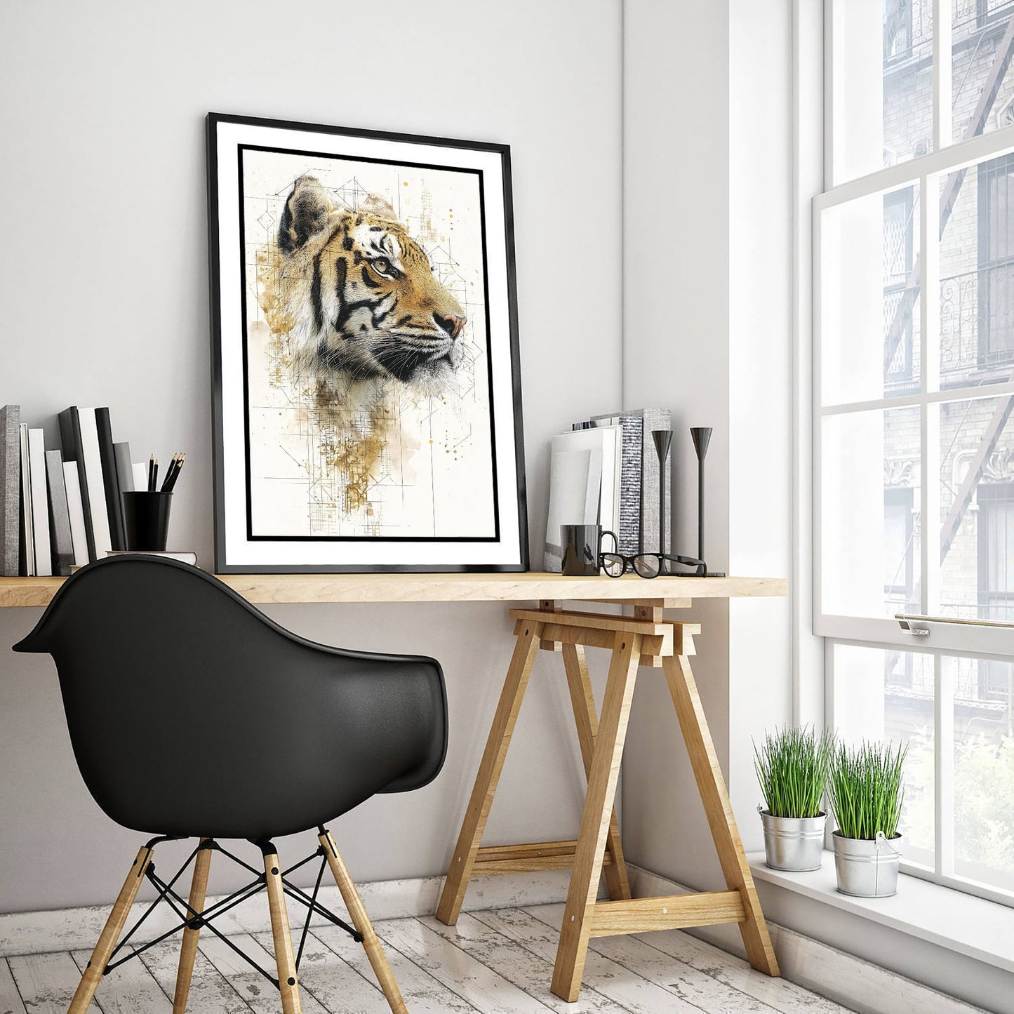 Tiger Diagram Art Print - Gold Blueprint Animal Poster - Big Cat Sketch Illustration - Tiger Portrait 1/3