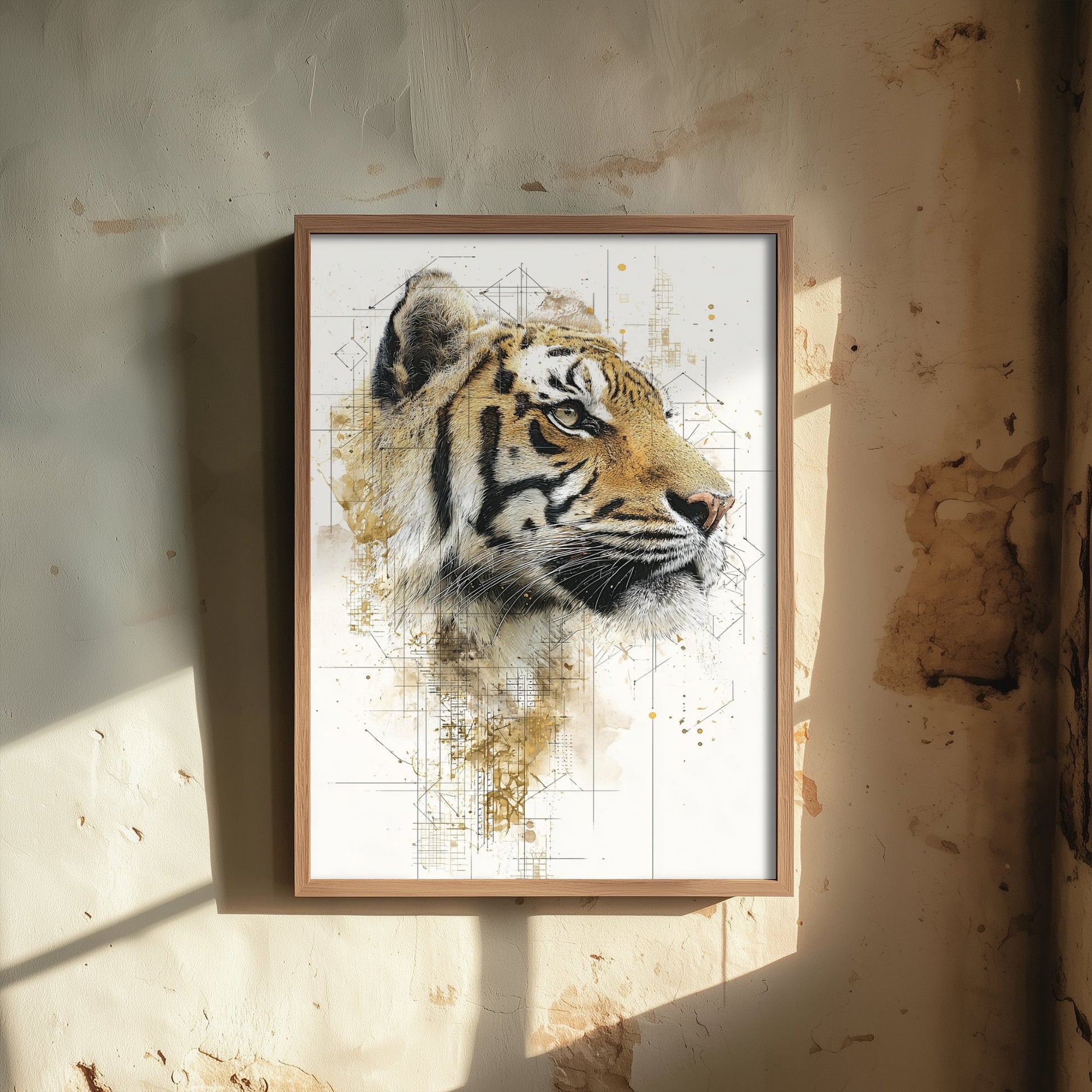 Tiger Diagram Art Print - Gold Blueprint Animal Poster - Big Cat Sketch Illustration - Tiger Portrait 1/3