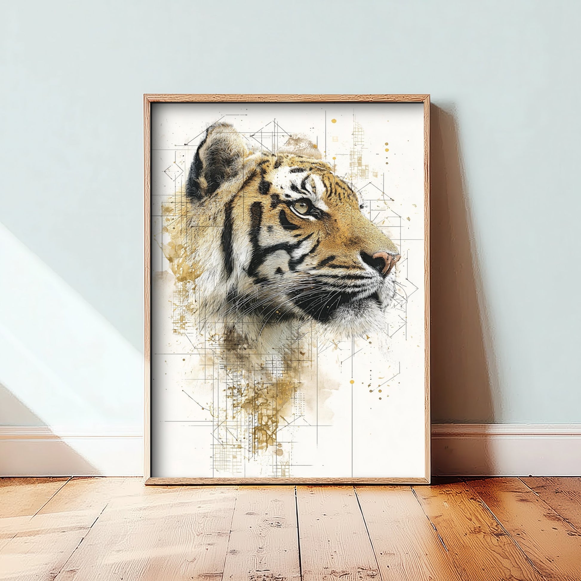 Tiger Diagram Art Print - Gold Blueprint Animal Poster - Big Cat Sketch Illustration - Tiger Portrait 1/3