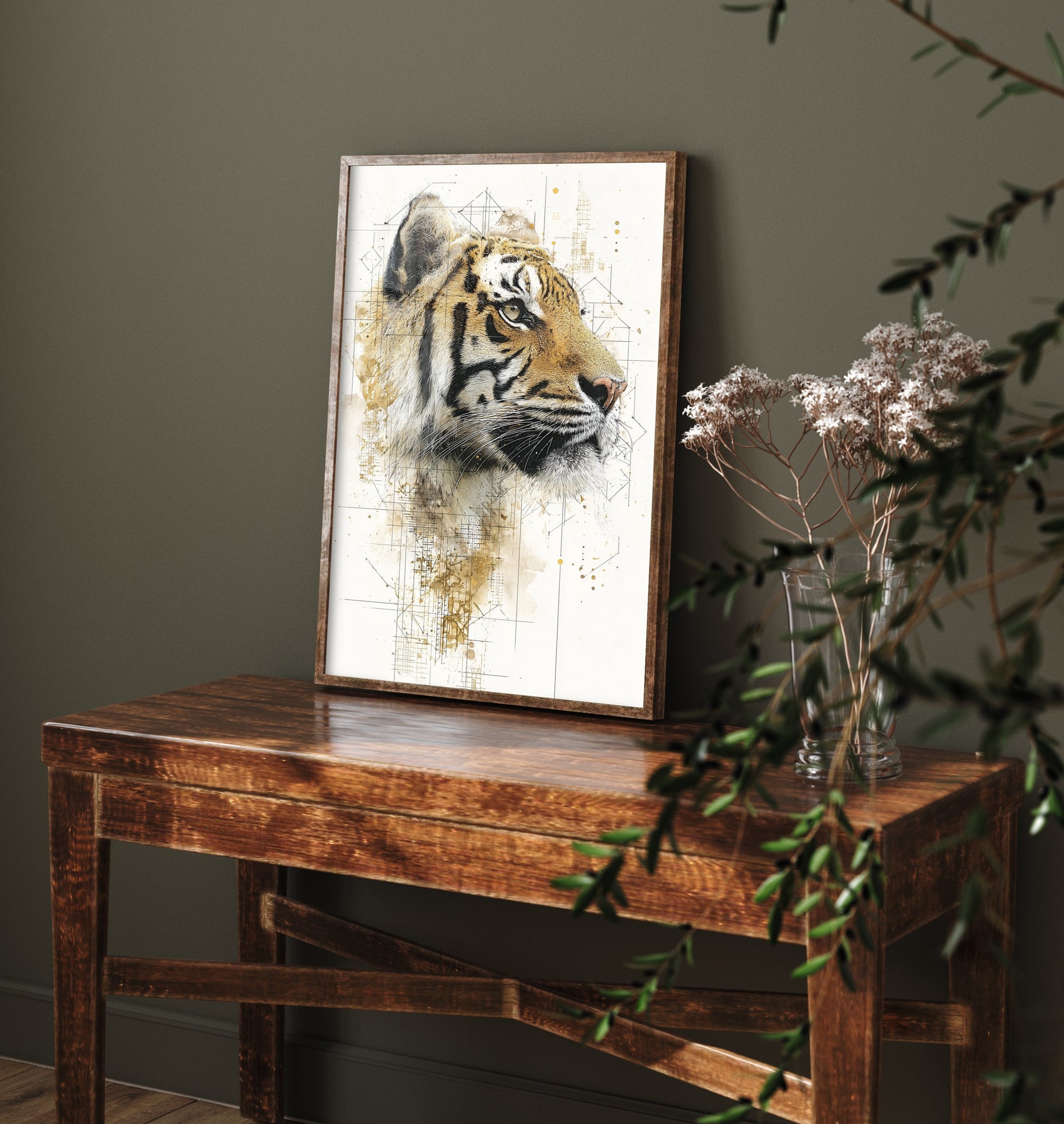 Tiger Diagram Art Print - Gold Blueprint Animal Poster - Big Cat Sketch Illustration - Tiger Portrait 1/3
