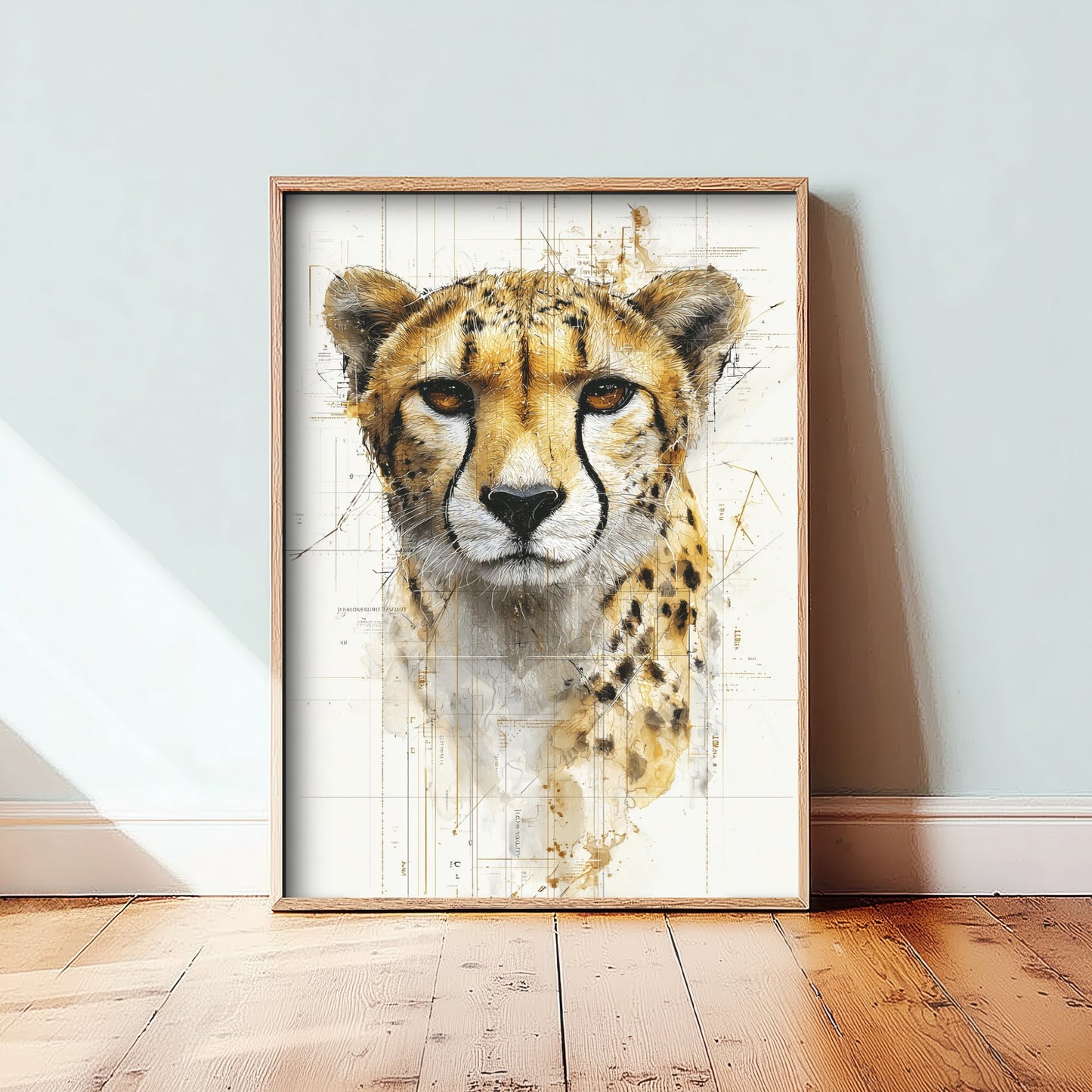 Cheetah Diagram Art Print - Gold Blueprint Animal Poster - Big Cat Sketch Illustration - Cheetah Portrait 2/3