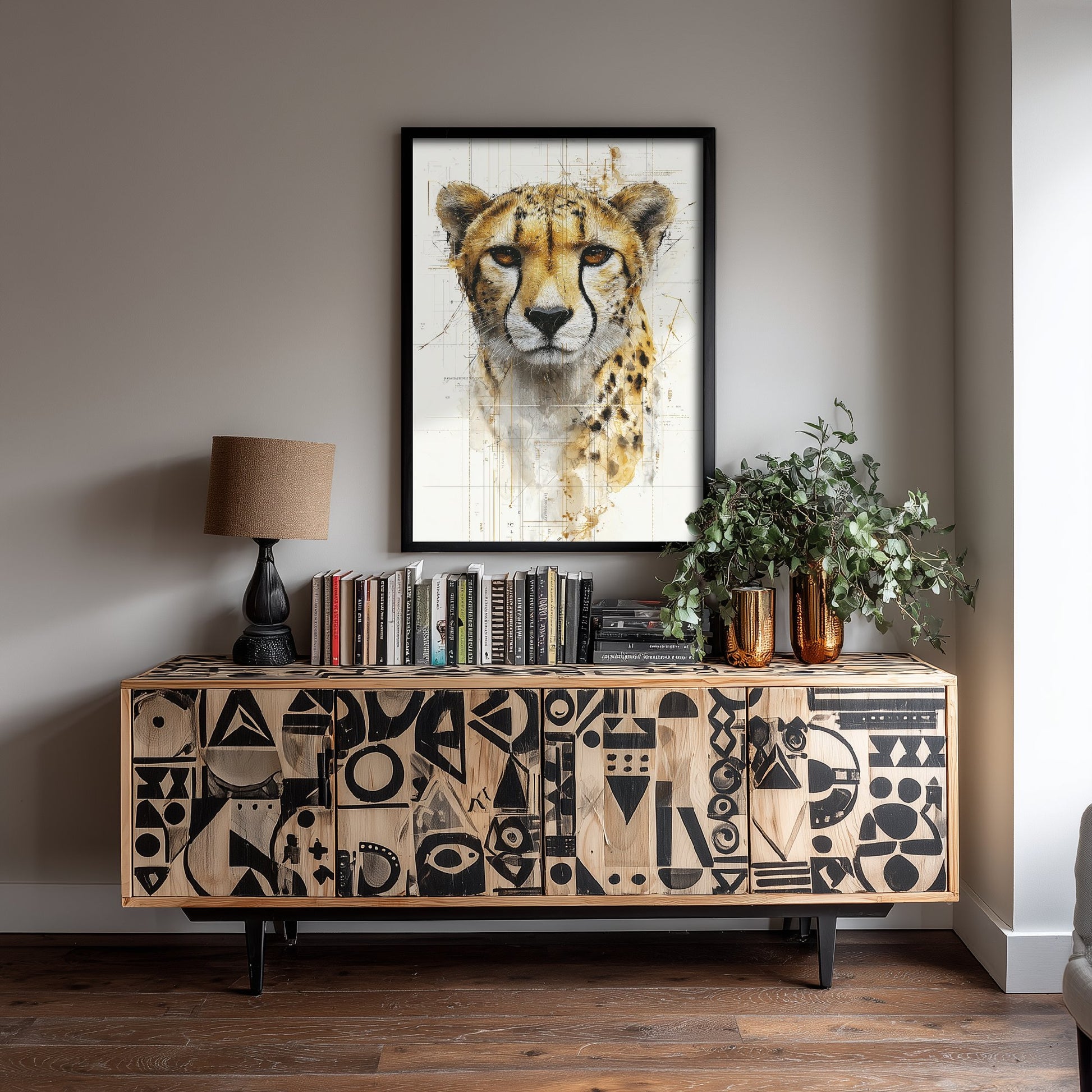 Cheetah Diagram Art Print - Gold Blueprint Animal Poster - Big Cat Sketch Illustration - Cheetah Portrait 2/3