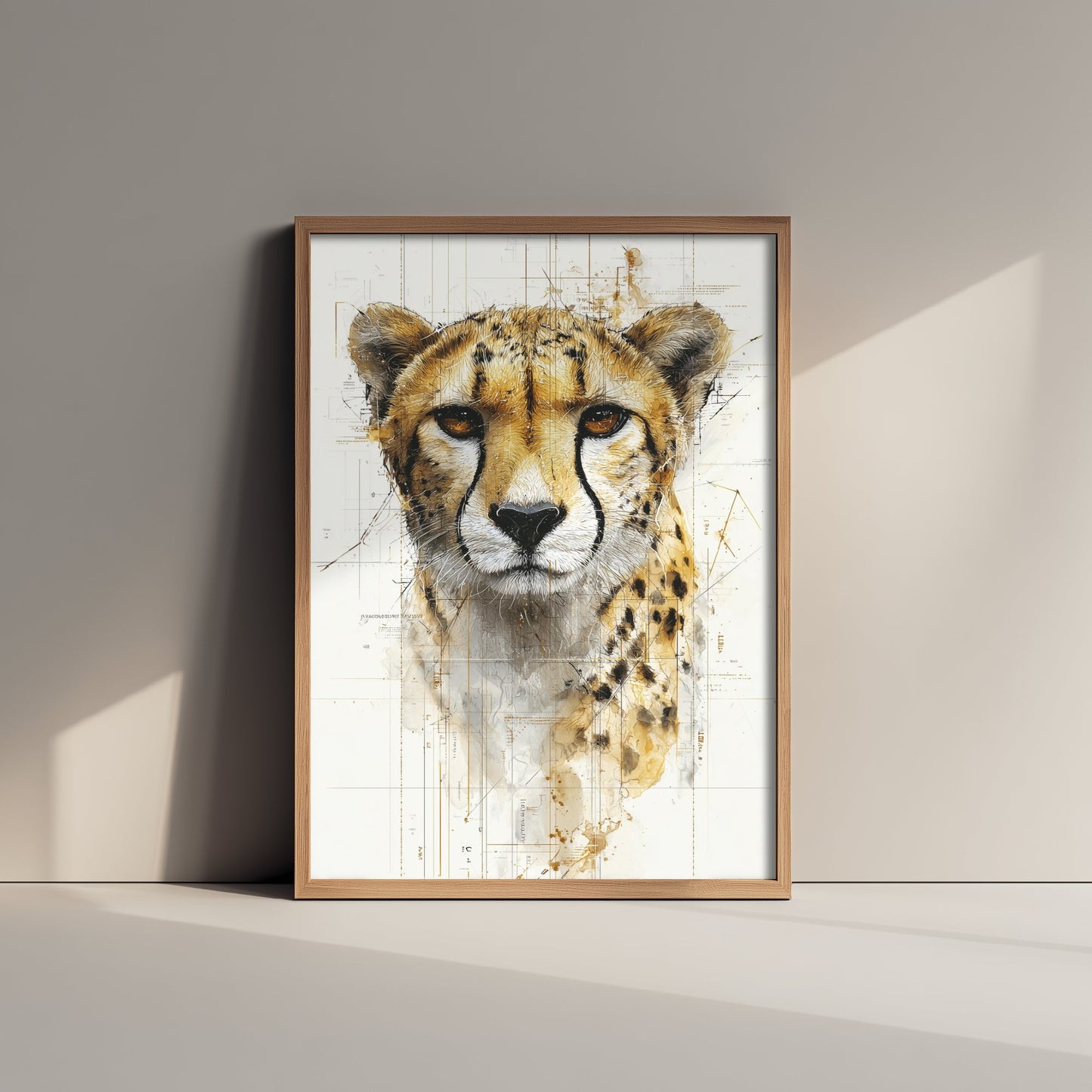 Cheetah Diagram Art Print - Gold Blueprint Animal Poster - Big Cat Sketch Illustration - Cheetah Portrait 2/3