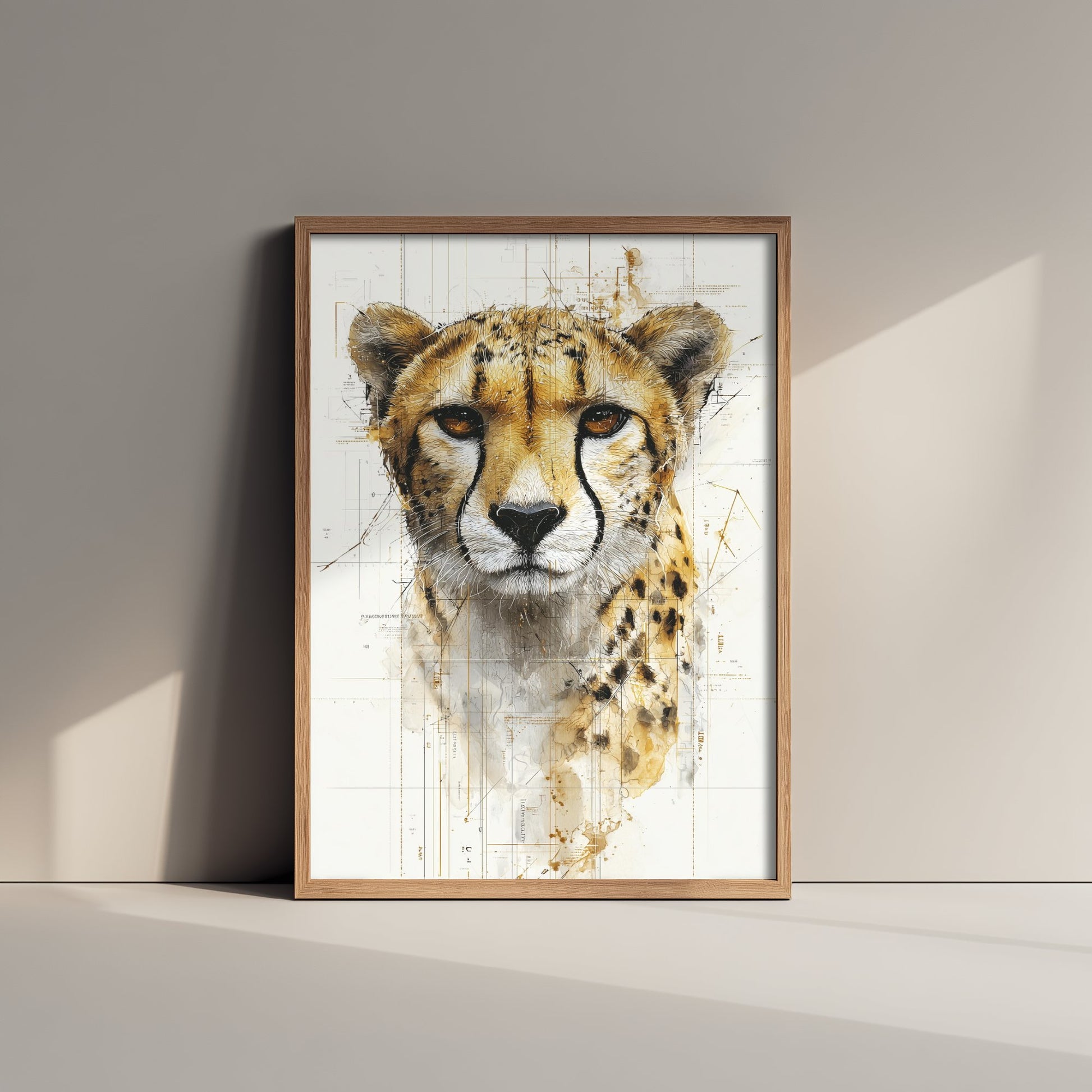 Cheetah Diagram Art Print - Gold Blueprint Animal Poster - Big Cat Sketch Illustration - Cheetah Portrait 2/3