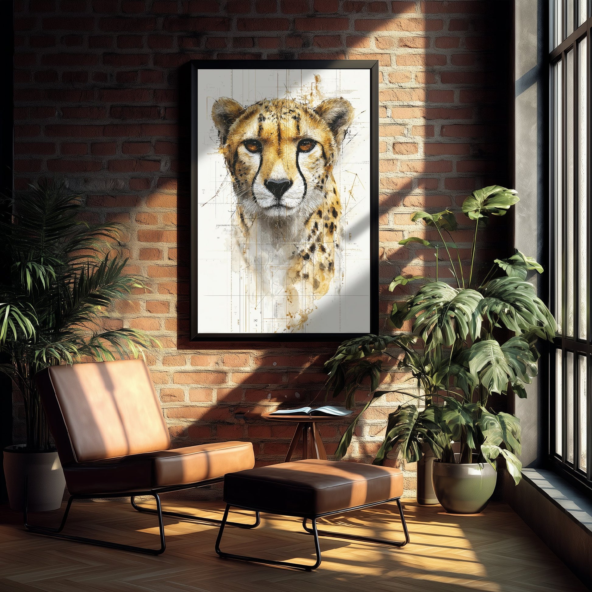Cheetah Diagram Art Print - Gold Blueprint Animal Poster - Big Cat Sketch Illustration - Cheetah Portrait 2/3