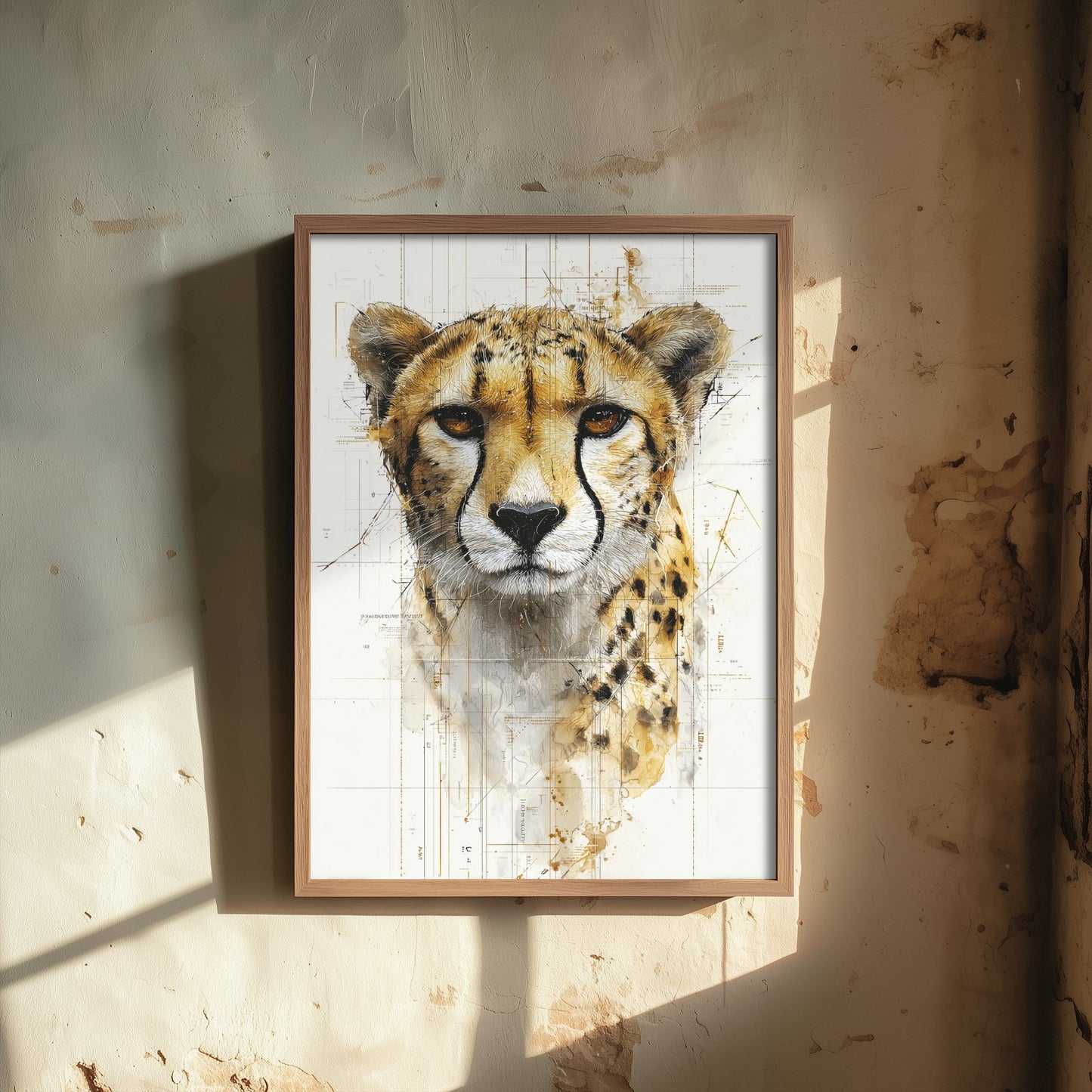Cheetah Diagram Art Print - Gold Blueprint Animal Poster - Big Cat Sketch Illustration - Cheetah Portrait 2/3