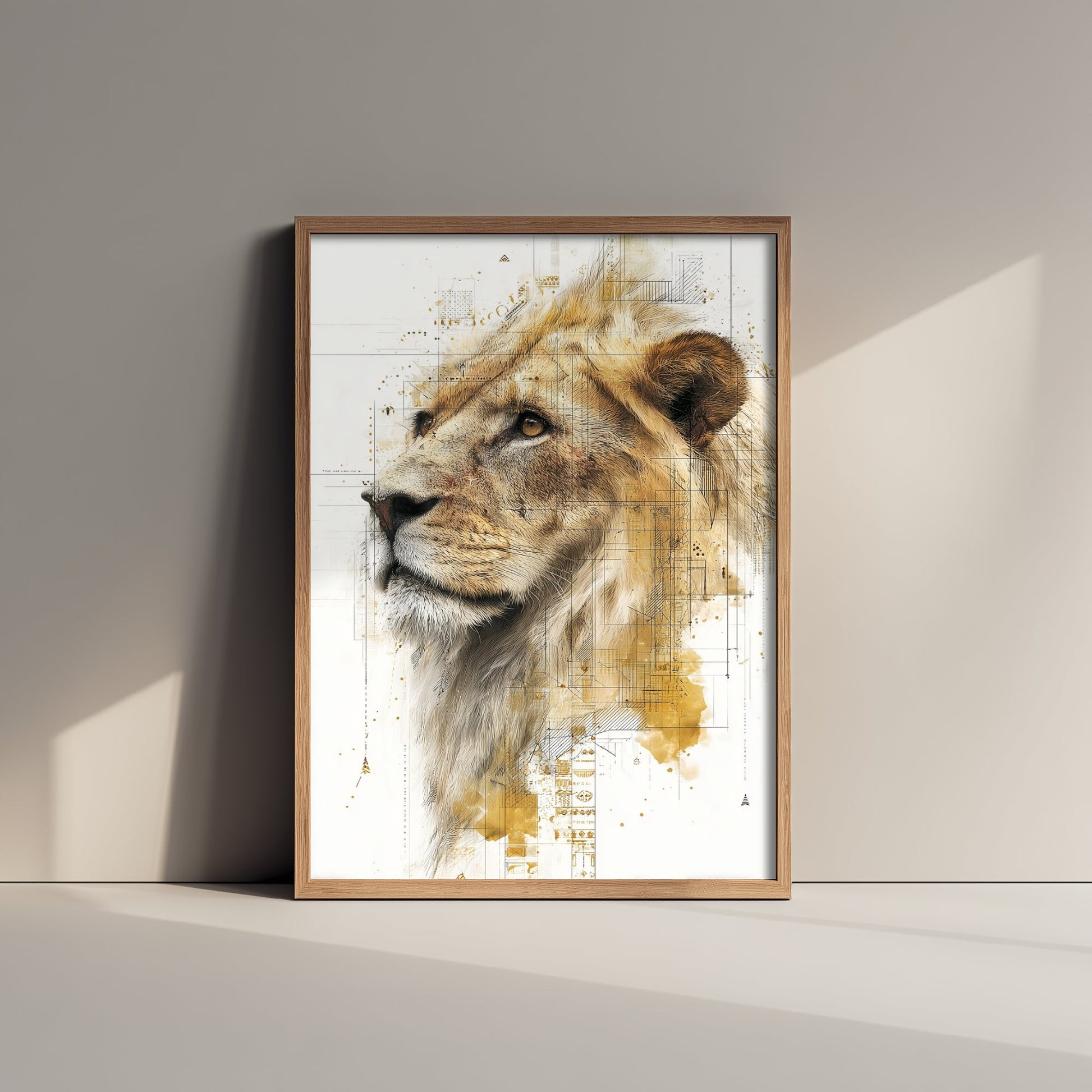 Lion Diagram Art Print - Gold Blueprint Animal Poster - Big Cat Sketch Illustration - Lion Portrait 3/3