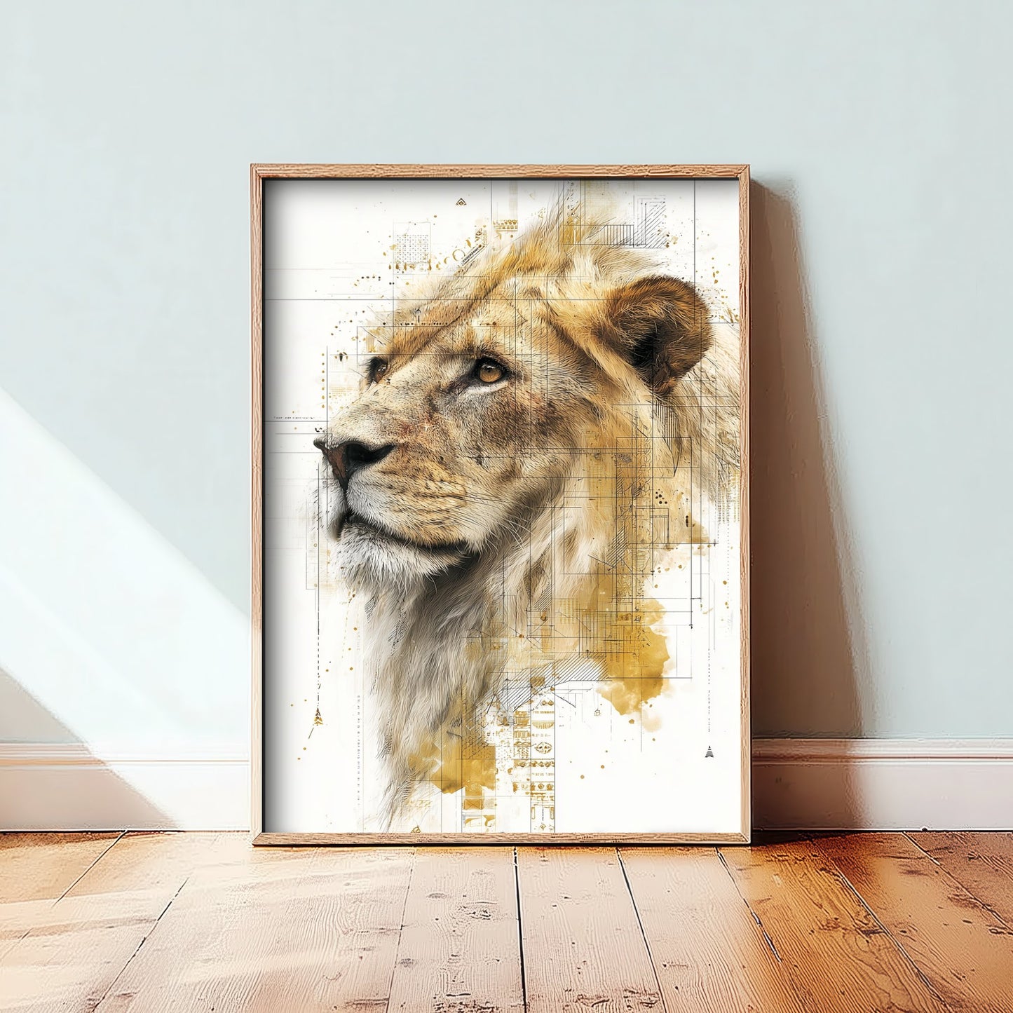 Lion Diagram Art Print - Gold Blueprint Animal Poster - Big Cat Sketch Illustration - Lion Portrait 3/3