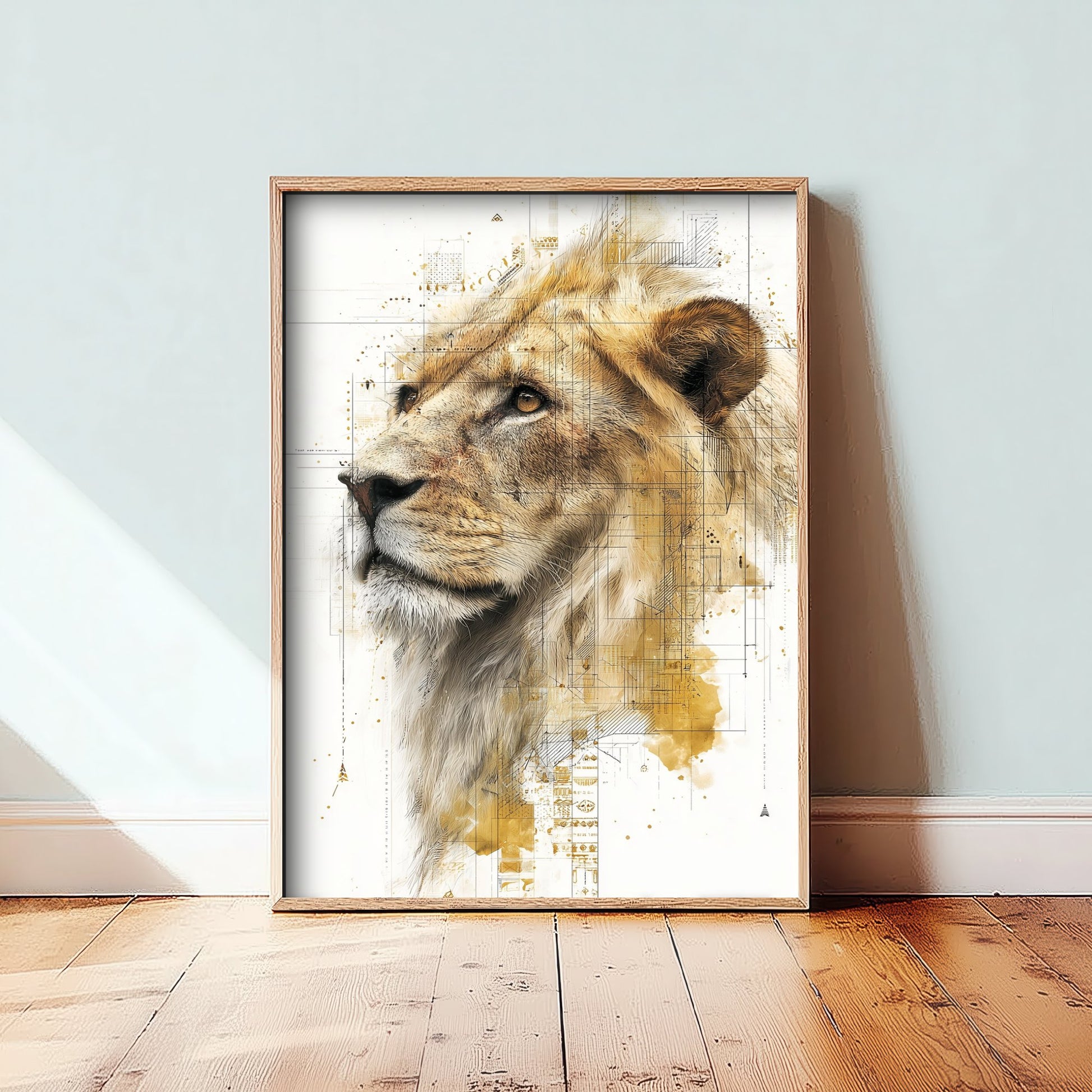 Lion Diagram Art Print - Gold Blueprint Animal Poster - Big Cat Sketch Illustration - Lion Portrait 3/3