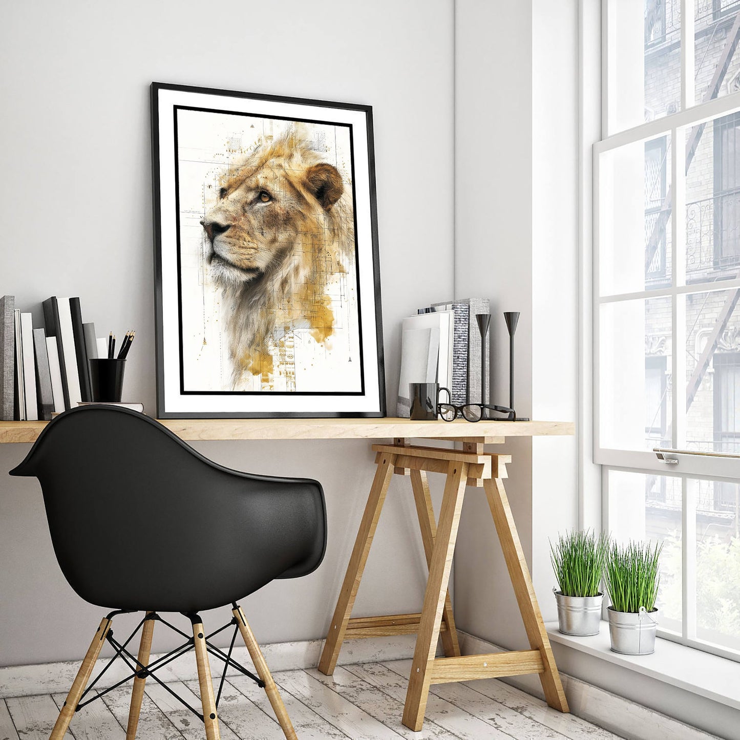 Lion Diagram Art Print - Gold Blueprint Animal Poster - Big Cat Sketch Illustration - Lion Portrait 3/3