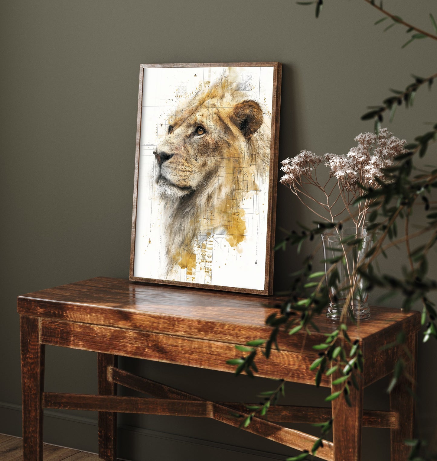 Lion Diagram Art Print - Gold Blueprint Animal Poster - Big Cat Sketch Illustration - Lion Portrait 3/3