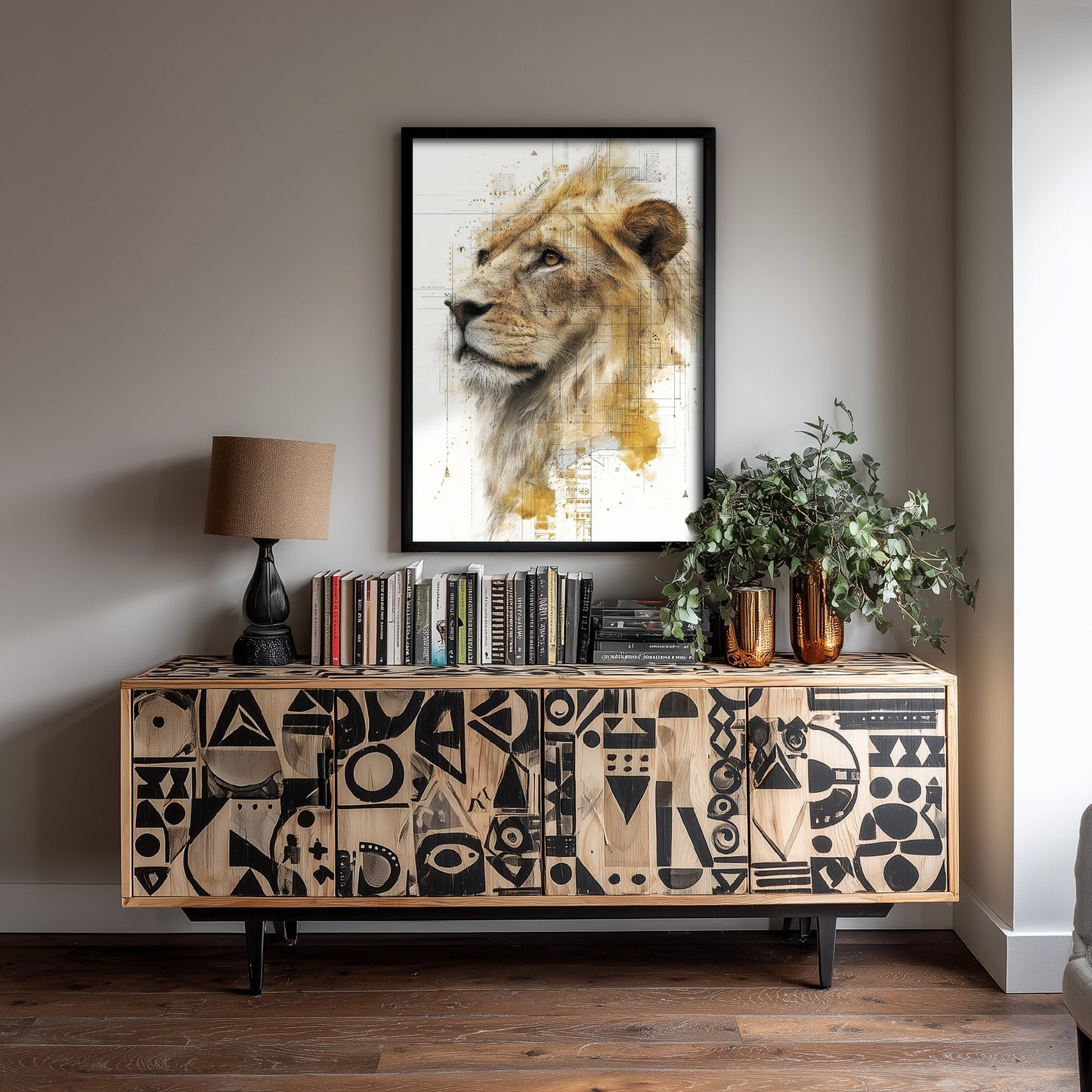 Lion Diagram Art Print - Gold Blueprint Animal Poster - Big Cat Sketch Illustration - Lion Portrait 3/3