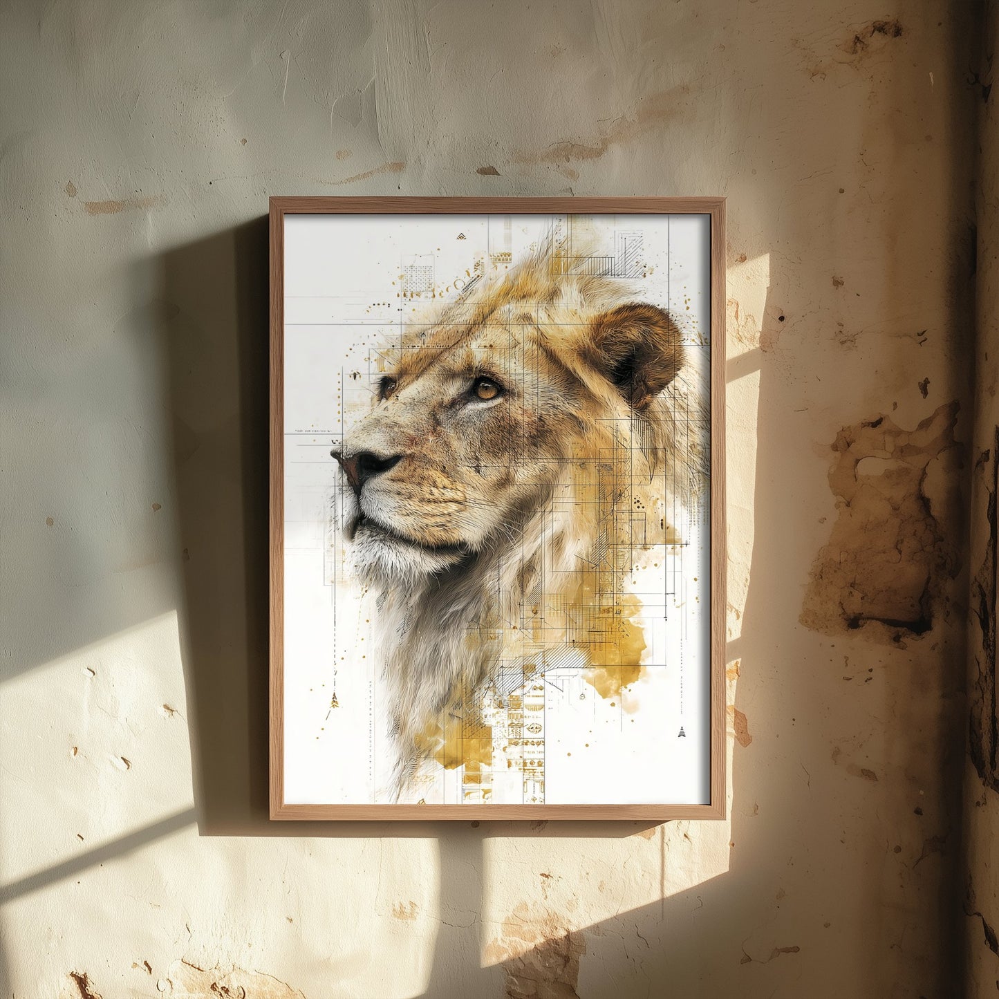 Lion Diagram Art Print - Gold Blueprint Animal Poster - Big Cat Sketch Illustration - Lion Portrait 3/3