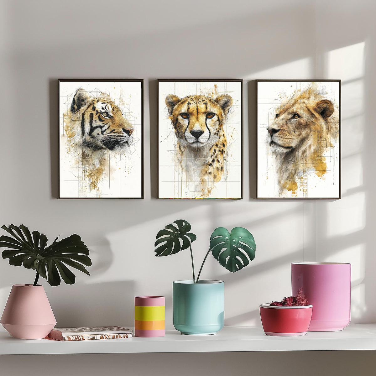 Big Cats Set of Three Art Prints - 3 Tiger Cheetah Lion Posters - Gold Blueprint Watercolour Wall Art Gift Illustration