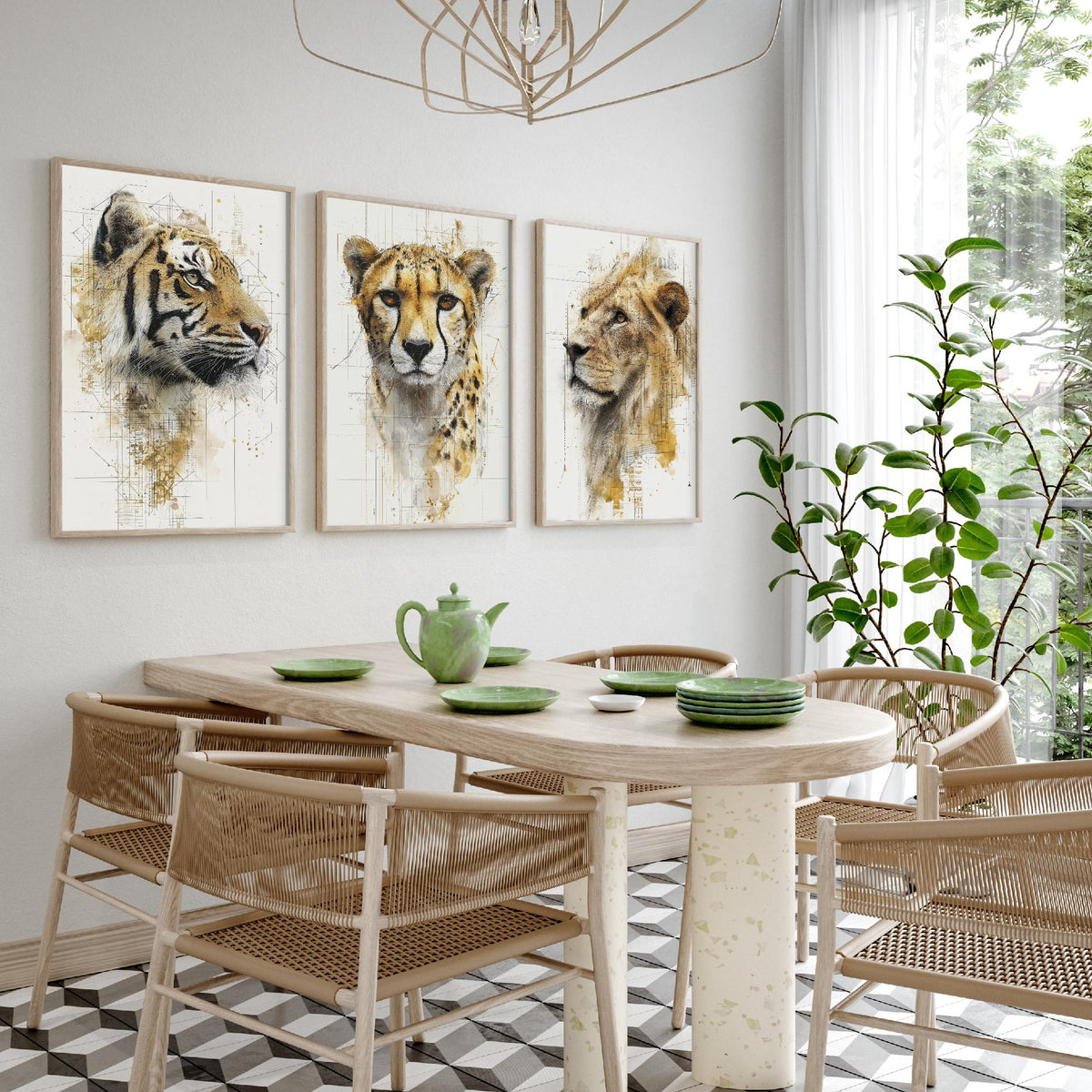 Big Cats Set of Three Art Prints - 3 Tiger Cheetah Lion Posters - Gold Blueprint Watercolour Wall Art Gift Illustration
