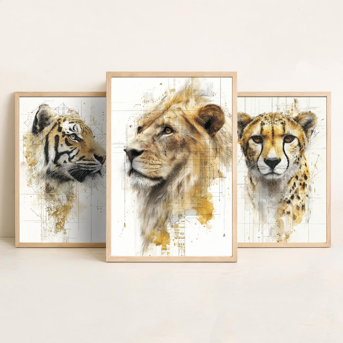 Big Cats Set of Three Art Prints - 3 Tiger Cheetah Lion Posters - Gold Blueprint Watercolour Wall Art Gift Illustration