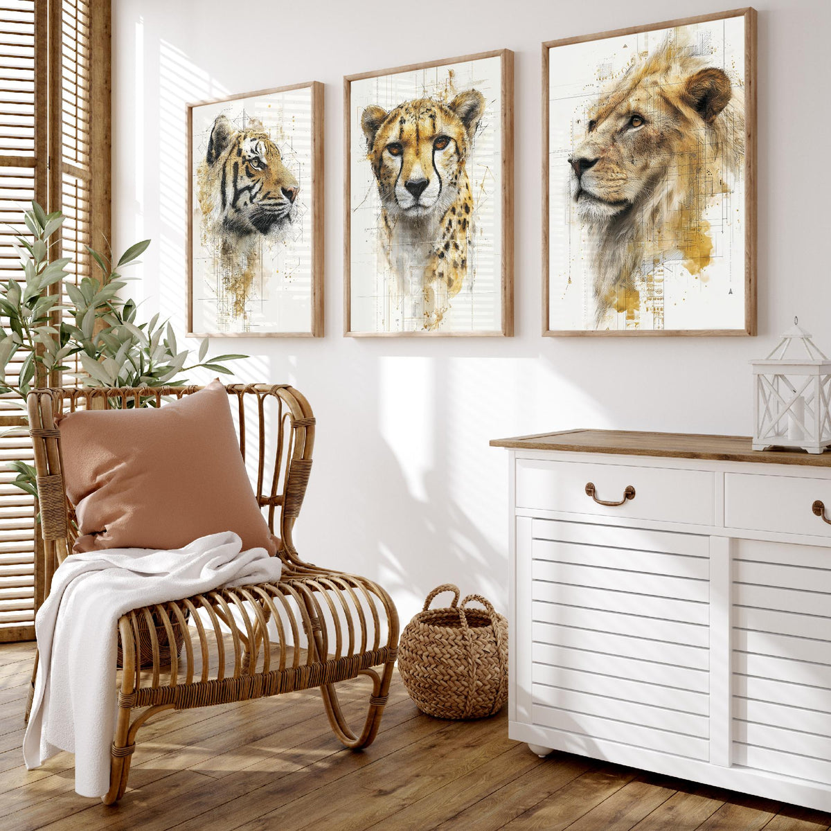 Big Cats Set of Three Art Prints - 3 Tiger Cheetah Lion Posters - Gold Blueprint Watercolour Wall Art Gift Illustration