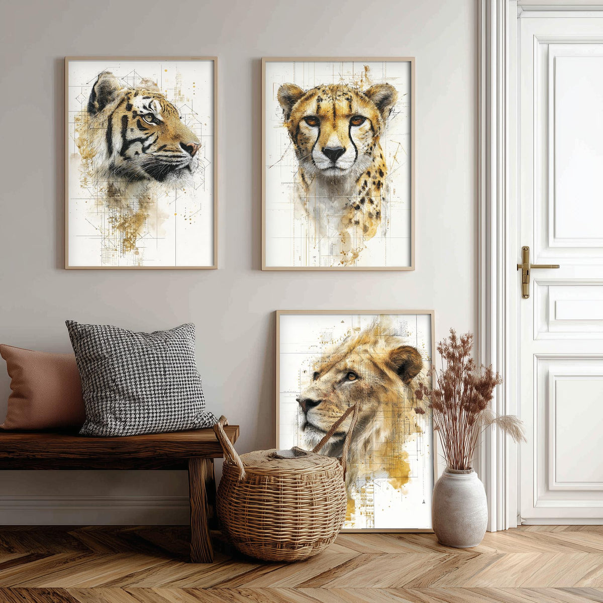 Big Cats Set of Three Art Prints - 3 Tiger Cheetah Lion Posters - Gold Blueprint Watercolour Wall Art Gift Illustration