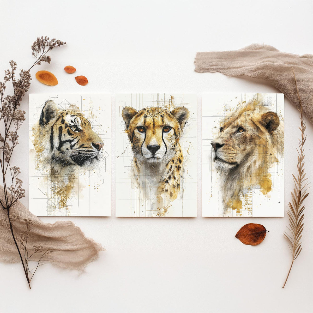Big Cats Set of Three Art Prints - 3 Tiger Cheetah Lion Posters - Gold Blueprint Watercolour Wall Art Gift Illustration