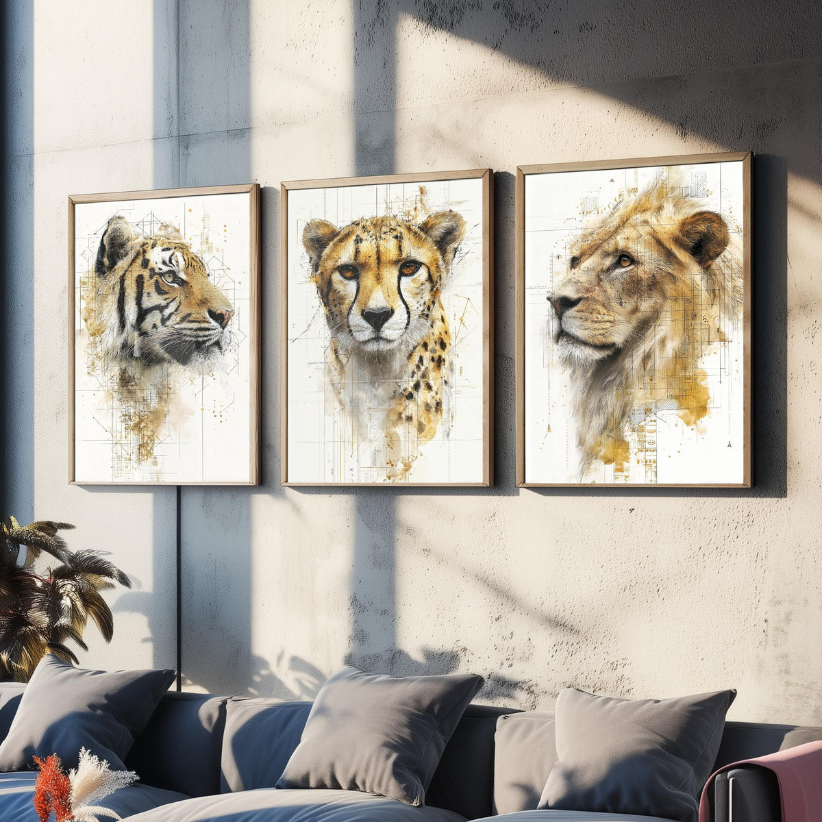 Big Cats Set of Three Art Prints - 3 Tiger Cheetah Lion Posters - Gold Blueprint Watercolour Wall Art Gift Illustration