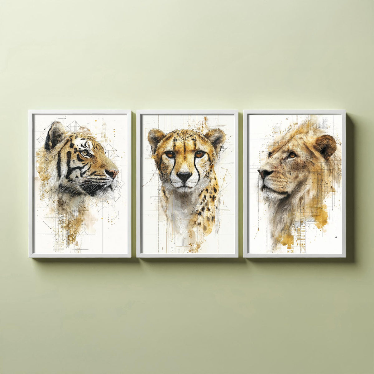 Big Cats Set of Three Art Prints - 3 Tiger Cheetah Lion Posters - Gold Blueprint Watercolour Wall Art Gift Illustration