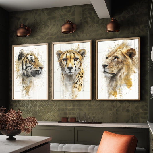 Big Cats Set of Three Art Prints - 3 Tiger Cheetah Lion Posters - Gold Blueprint Watercolour Wall Art Gift Illustration