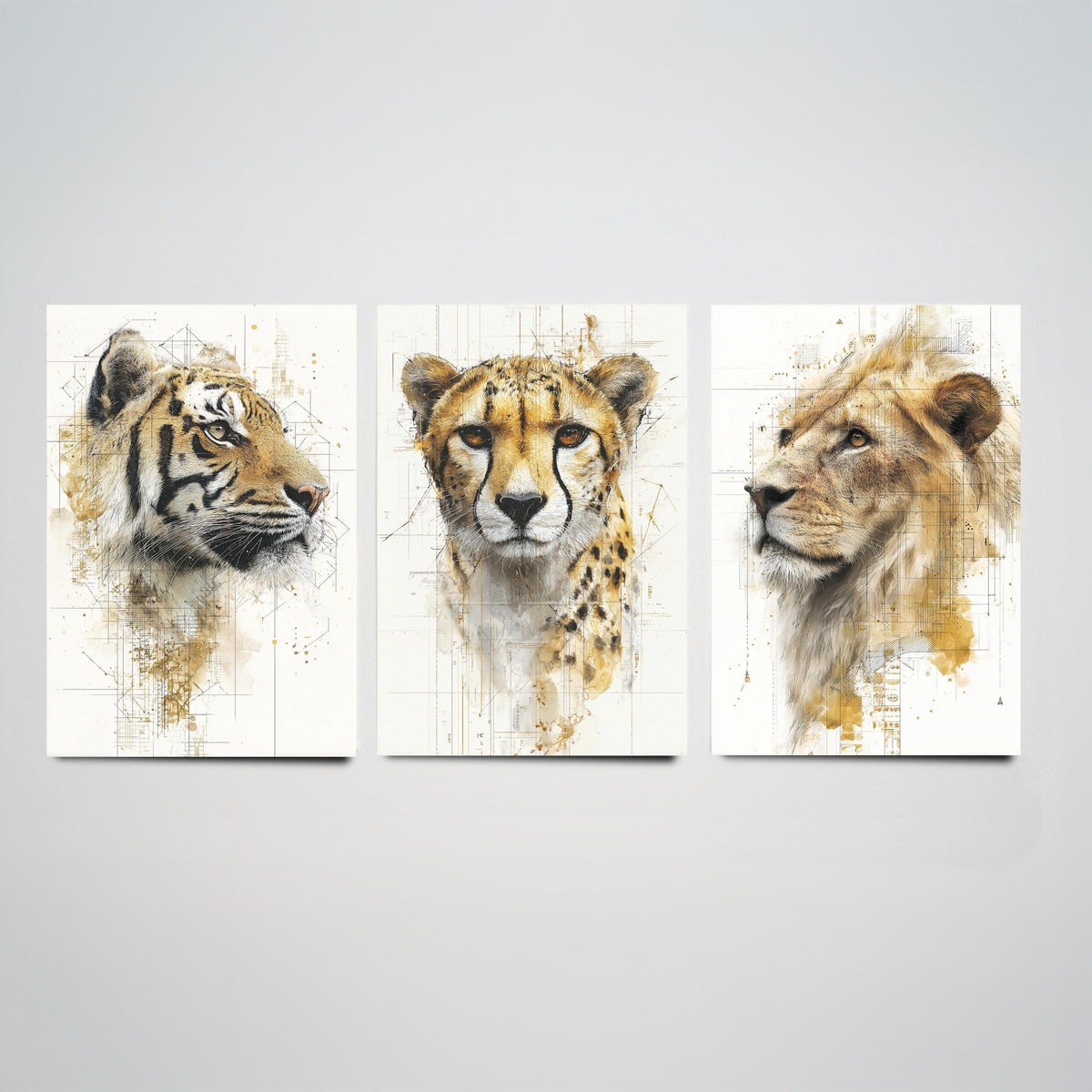 Big Cats Set of Three Art Prints - 3 Tiger Cheetah Lion Posters - Gold Blueprint Watercolour Wall Art Gift Illustration