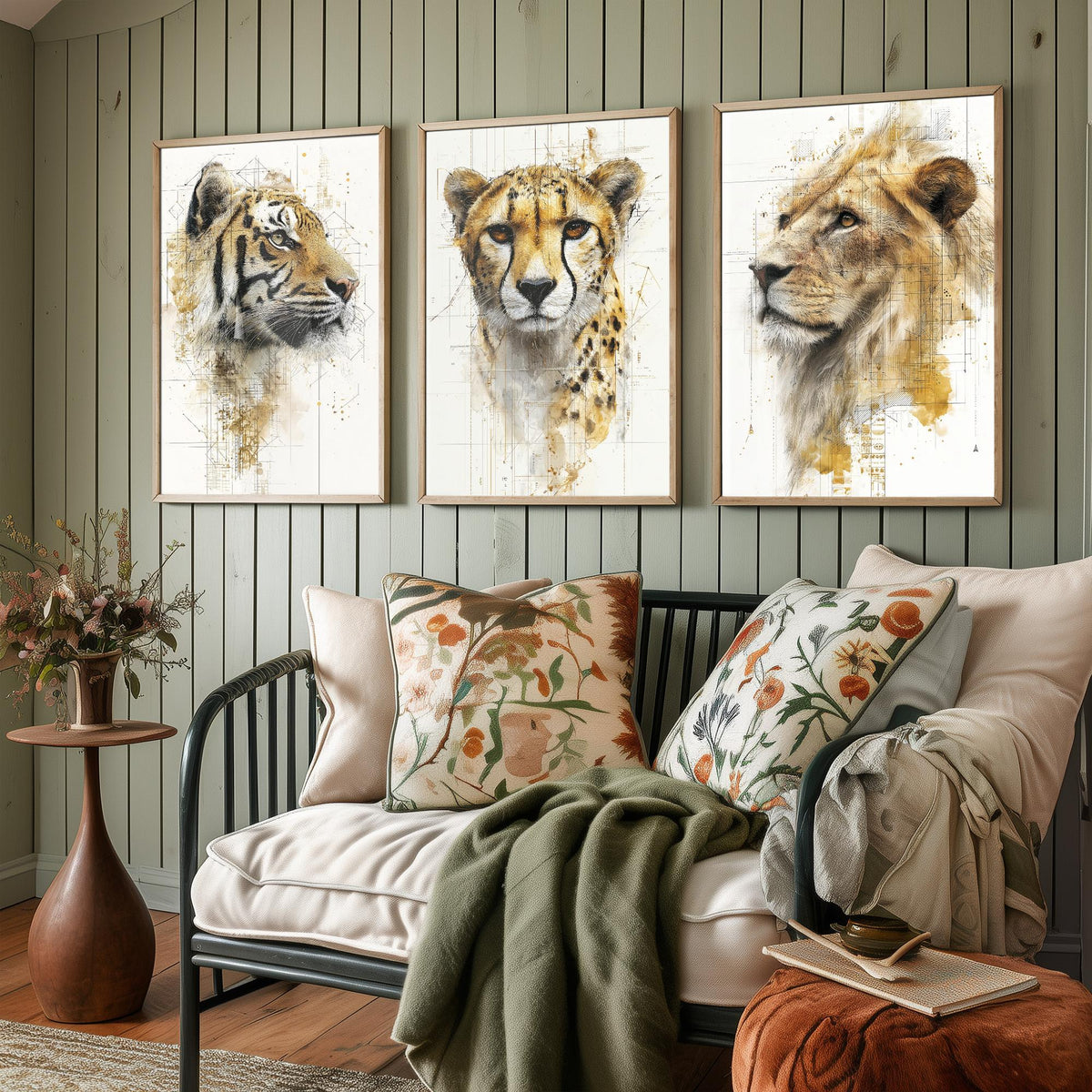 Big Cats Set of Three Art Prints - 3 Tiger Cheetah Lion Posters - Gold Blueprint Watercolour Wall Art Gift Illustration