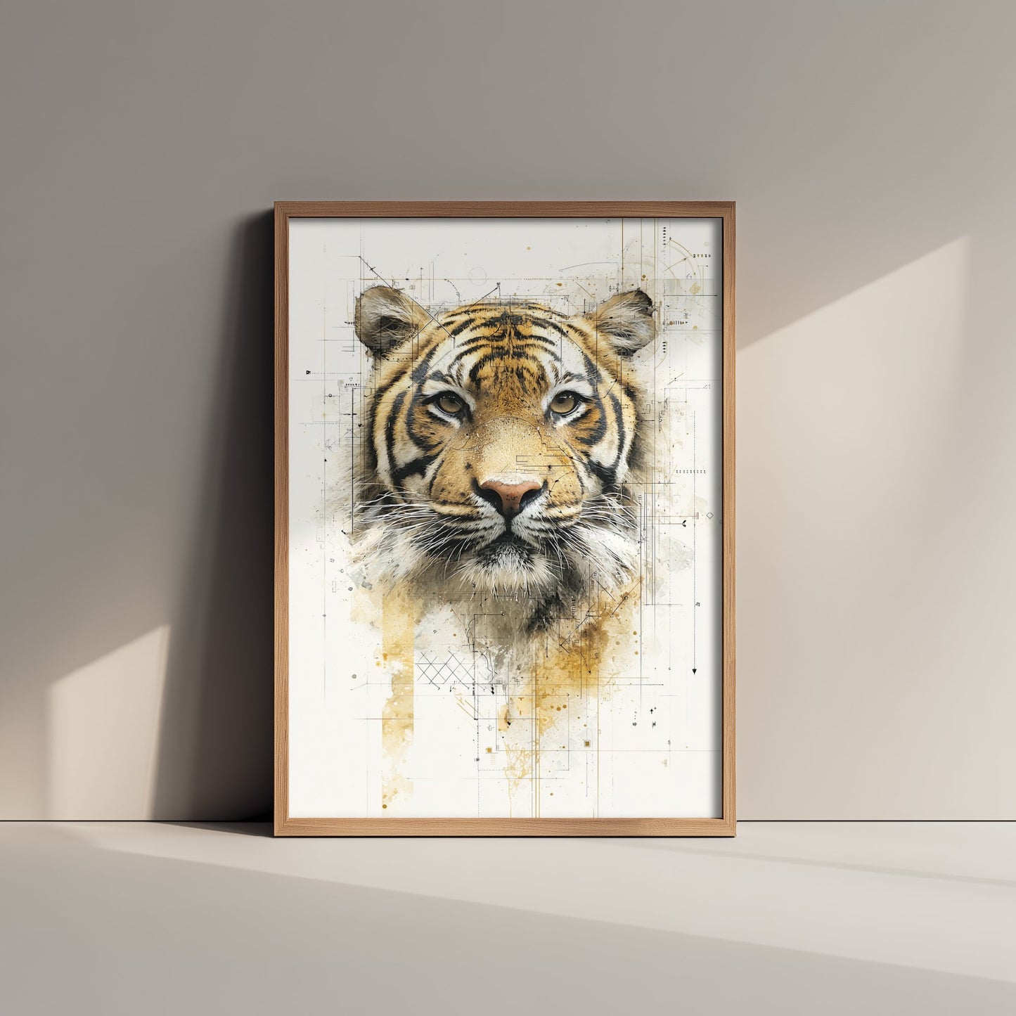 Tiger Diagram Art Print - Gold Blueprint Safari Poster - Wild Animal Sketch Illustration - Tiger Portrait 1/3