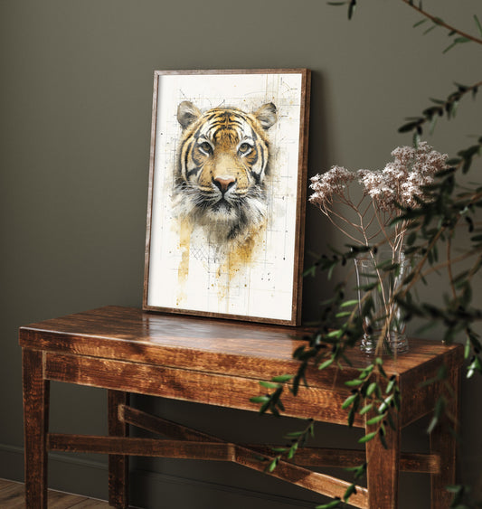 Tiger Diagram Art Print - Gold Blueprint Safari Poster - Wild Animal Sketch Illustration - Tiger Portrait 1/3