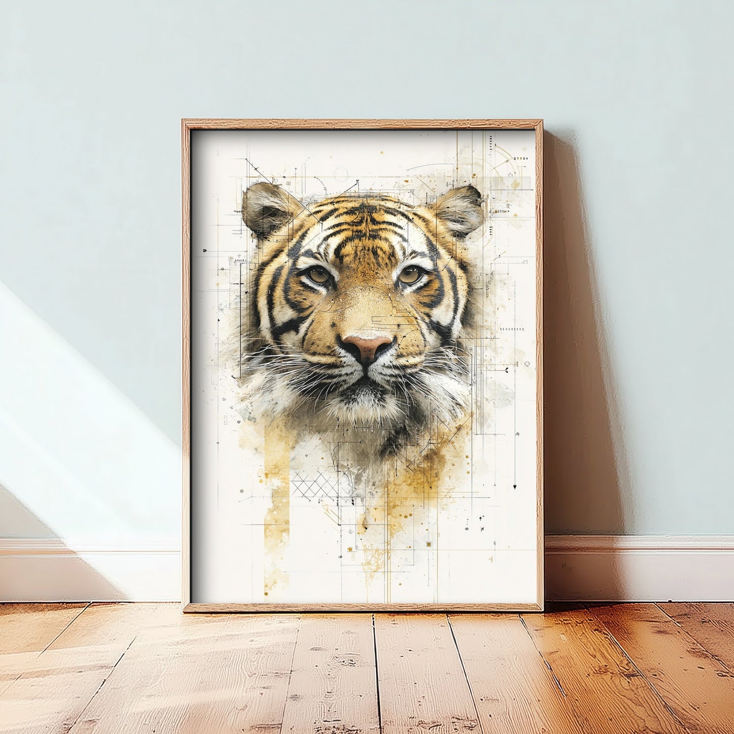 Tiger Diagram Art Print - Gold Blueprint Safari Poster - Wild Animal Sketch Illustration - Tiger Portrait 1/3