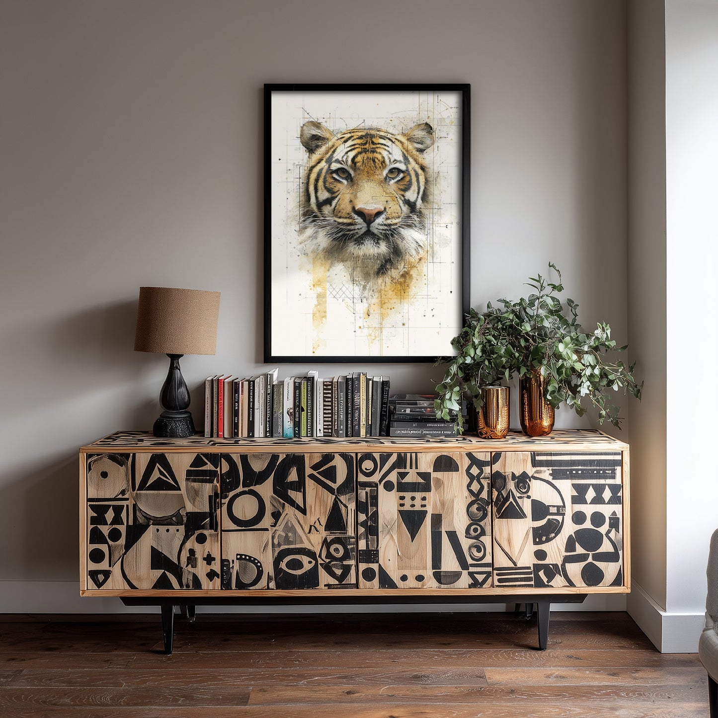 Tiger Diagram Art Print - Gold Blueprint Safari Poster - Wild Animal Sketch Illustration - Tiger Portrait 1/3