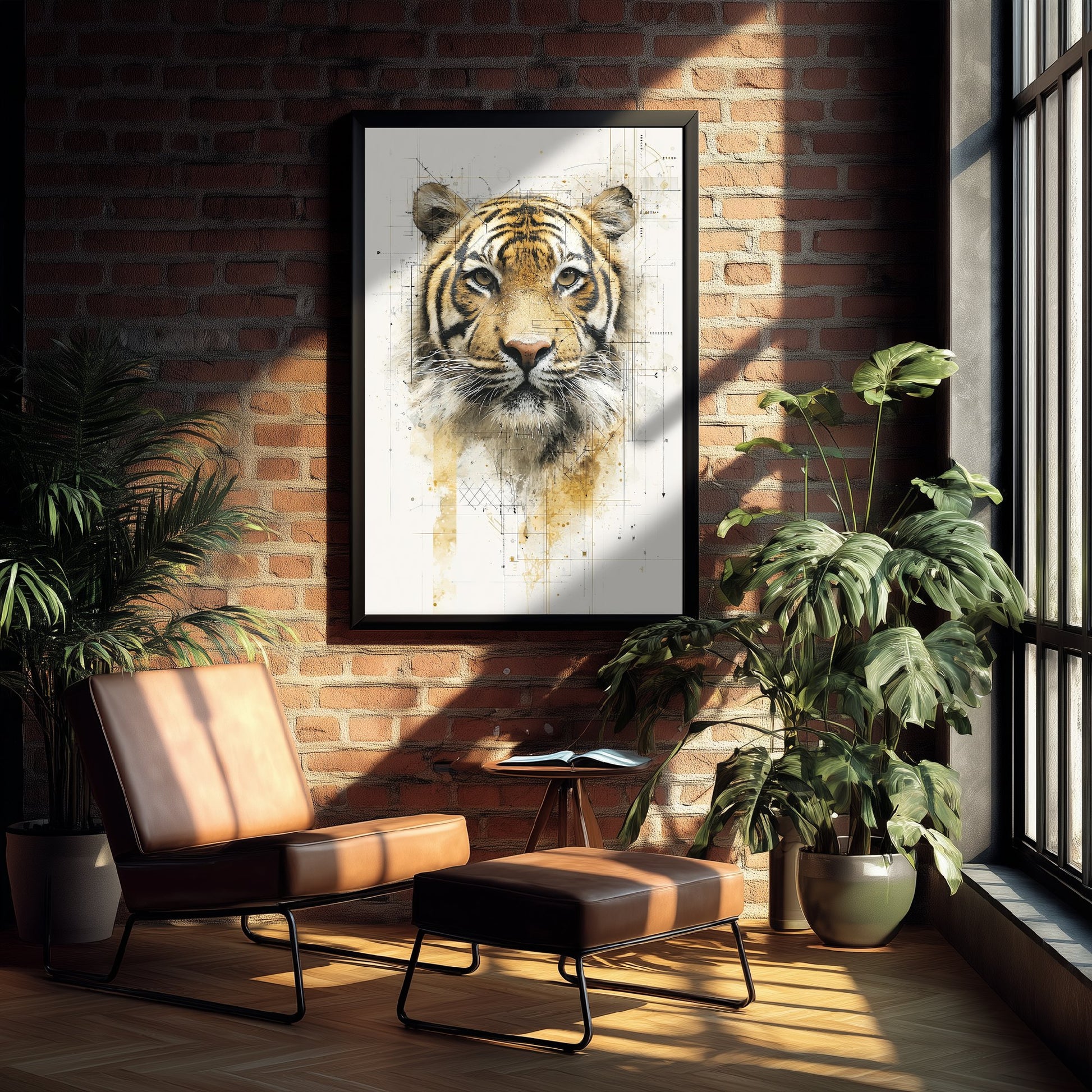 Tiger Diagram Art Print - Gold Blueprint Safari Poster - Wild Animal Sketch Illustration - Tiger Portrait 1/3