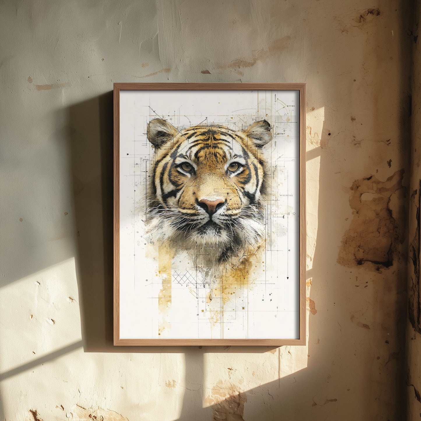 Tiger Diagram Art Print - Gold Blueprint Safari Poster - Wild Animal Sketch Illustration - Tiger Portrait 1/3