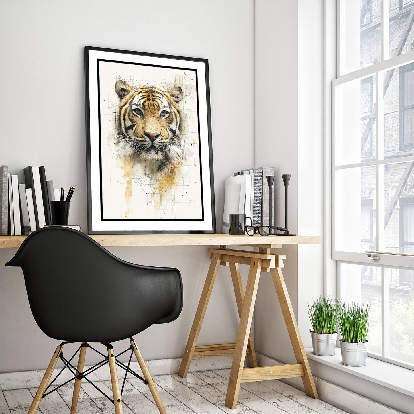 Tiger Diagram Art Print - Gold Blueprint Safari Poster - Wild Animal Sketch Illustration - Tiger Portrait 1/3