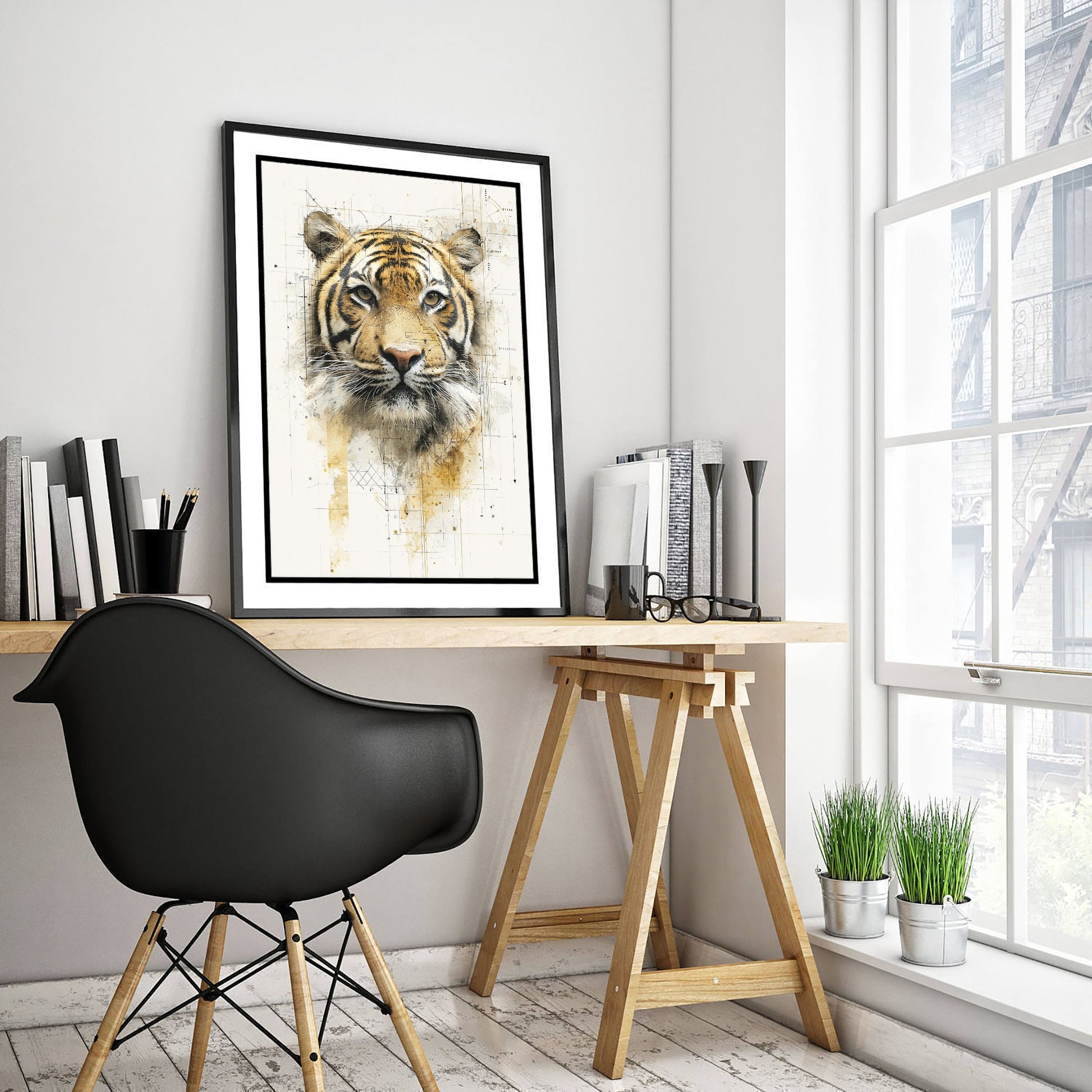 Tiger Diagram Art Print - Gold Blueprint Safari Poster - Wild Animal Sketch Illustration - Tiger Portrait 1/3