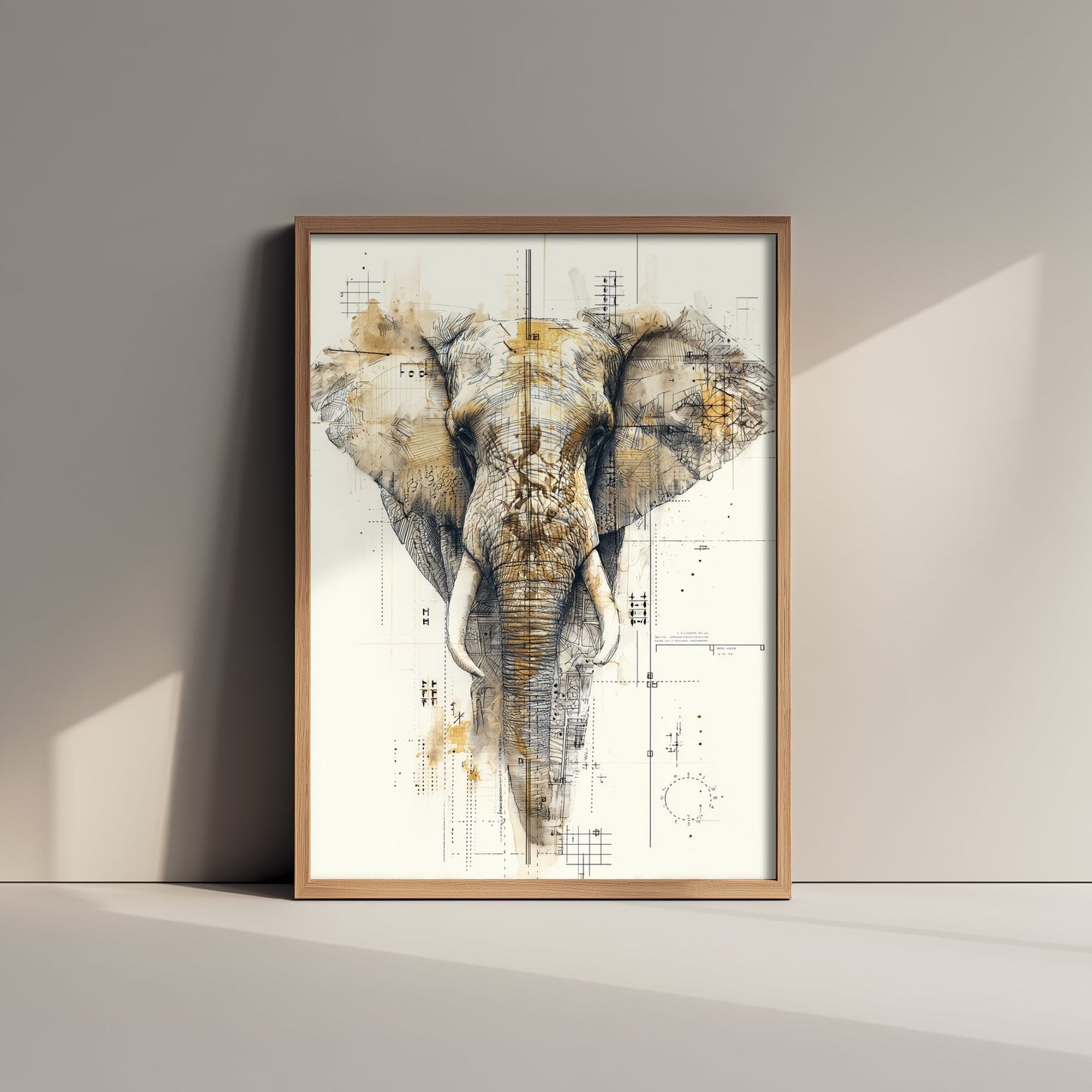 Elephant Diagram Art Print - Gold Blueprint Safari Poster - Wild Animal Sketch Illustration - Elephant Portrait 2/3
