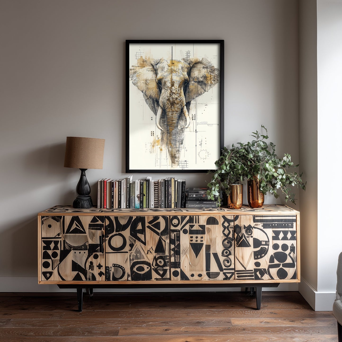 Elephant Diagram Art Print - Gold Blueprint Safari Poster - Wild Animal Sketch Illustration - Elephant Portrait 2/3