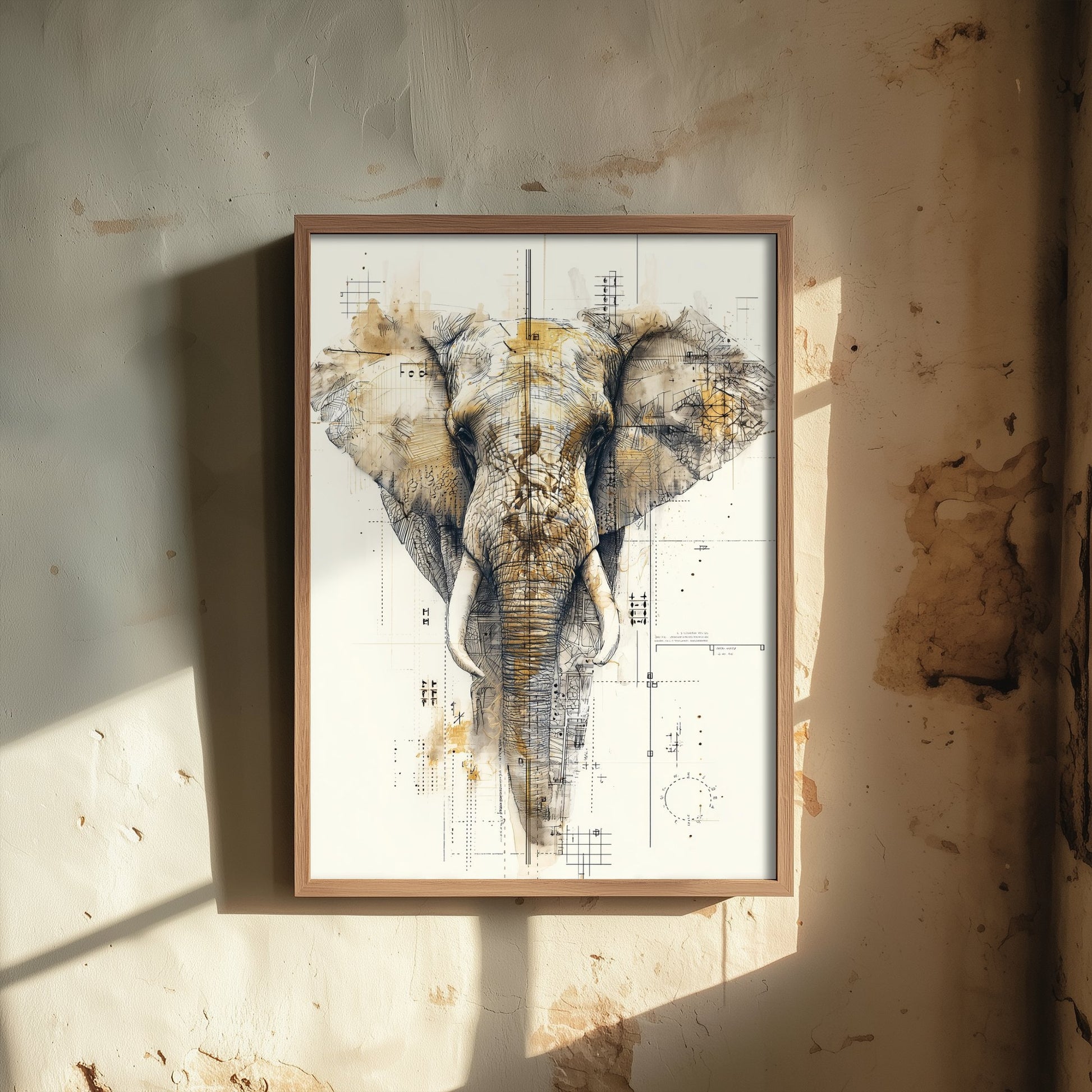 Elephant Diagram Art Print - Gold Blueprint Safari Poster - Wild Animal Sketch Illustration - Elephant Portrait 2/3
