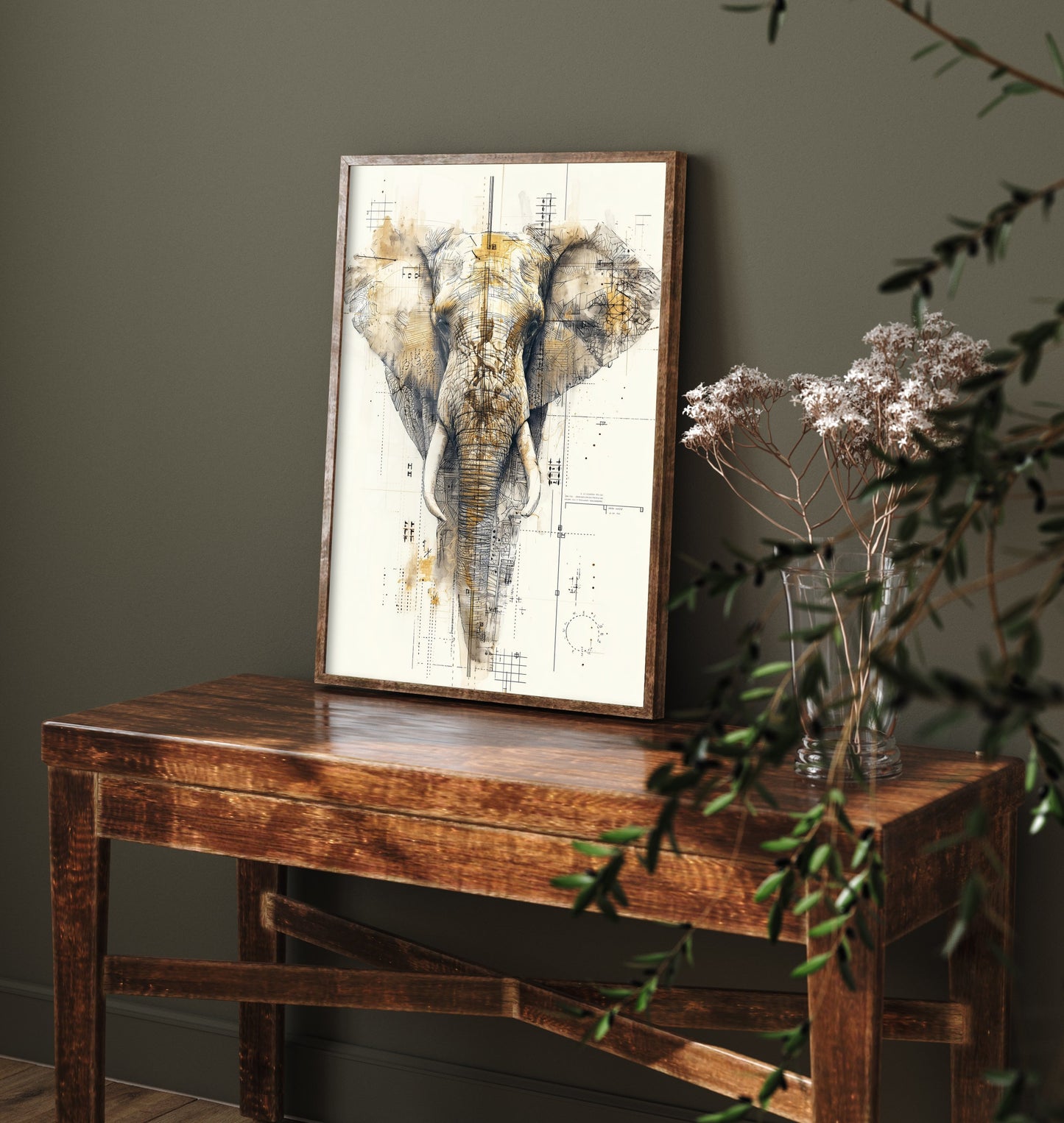 Elephant Diagram Art Print - Gold Blueprint Safari Poster - Wild Animal Sketch Illustration - Elephant Portrait 2/3