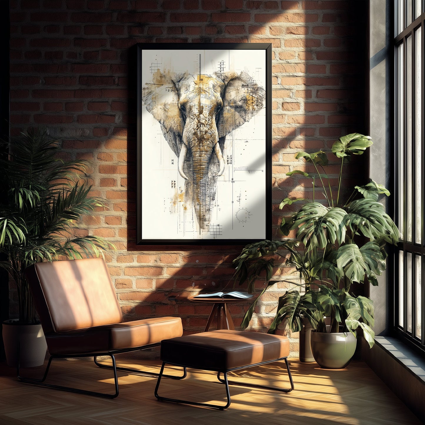 Elephant Diagram Art Print - Gold Blueprint Safari Poster - Wild Animal Sketch Illustration - Elephant Portrait 2/3