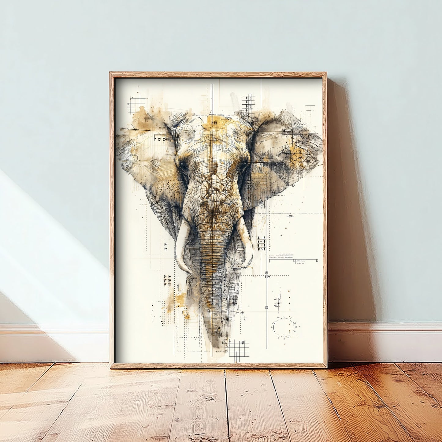 Elephant Diagram Art Print - Gold Blueprint Safari Poster - Wild Animal Sketch Illustration - Elephant Portrait 2/3