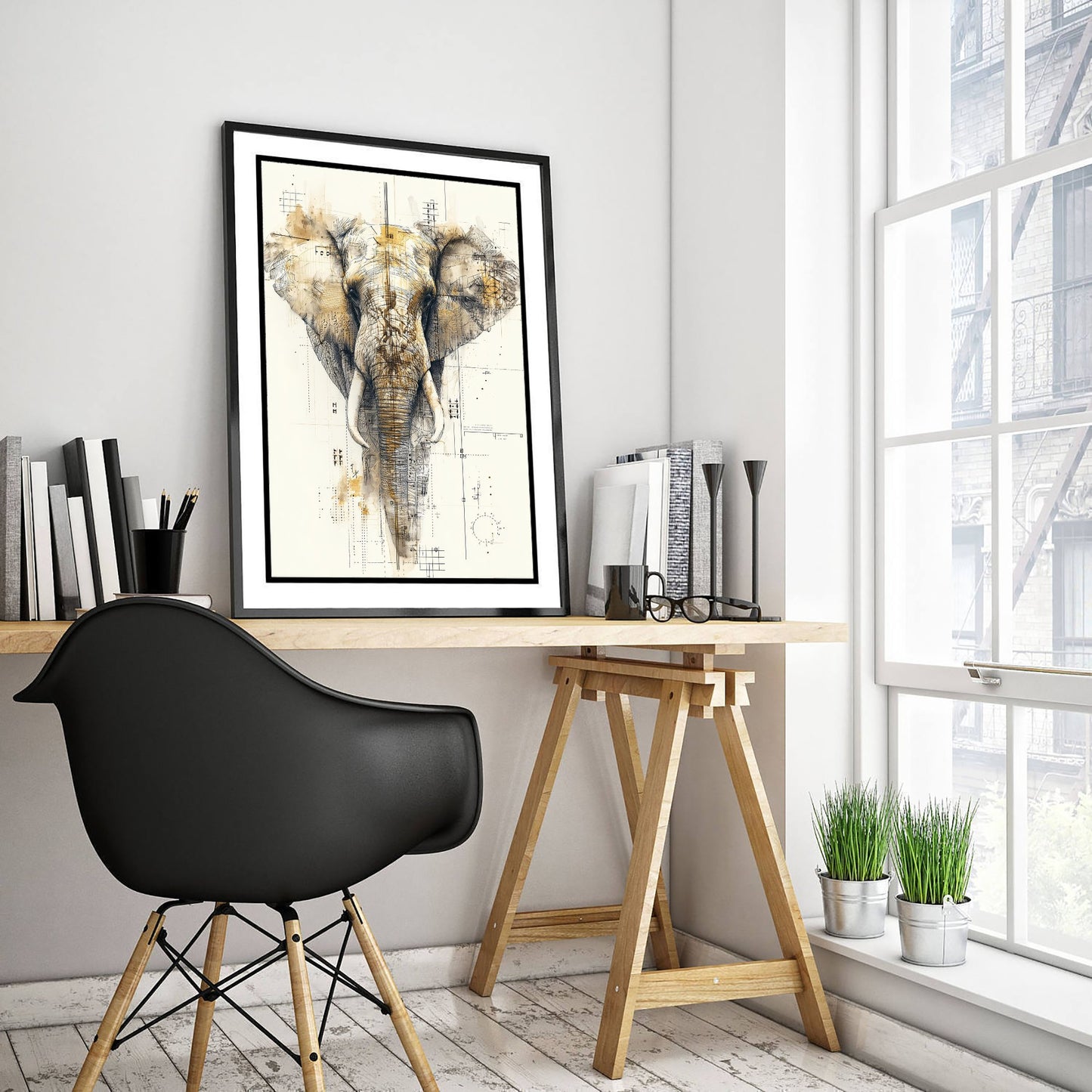 Elephant Diagram Art Print - Gold Blueprint Safari Poster - Wild Animal Sketch Illustration - Elephant Portrait 2/3