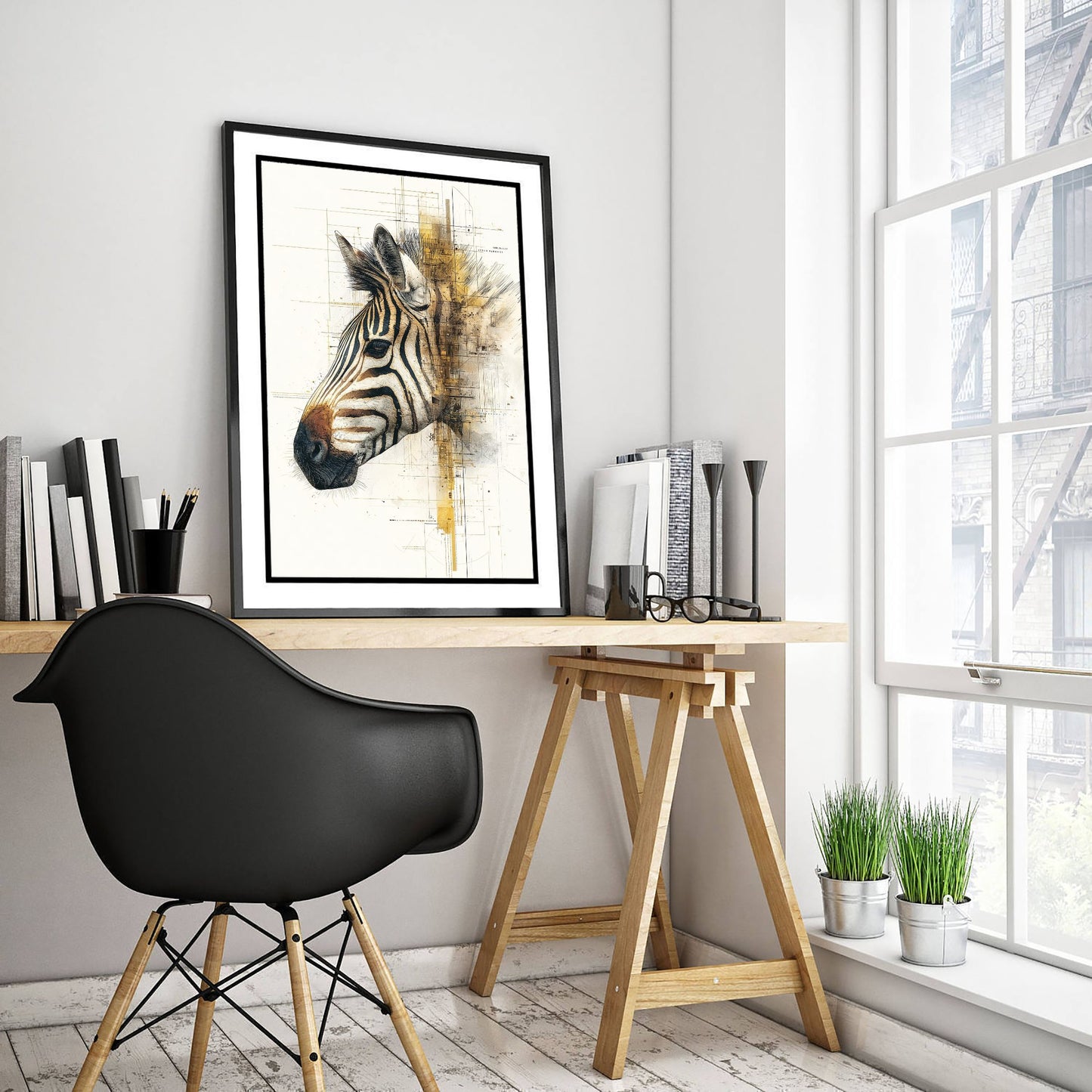 Zebra Diagram Art Print - Gold Blueprint Safari Poster - Wild Animal Sketch Illustration - Zebra Portrait 3/3