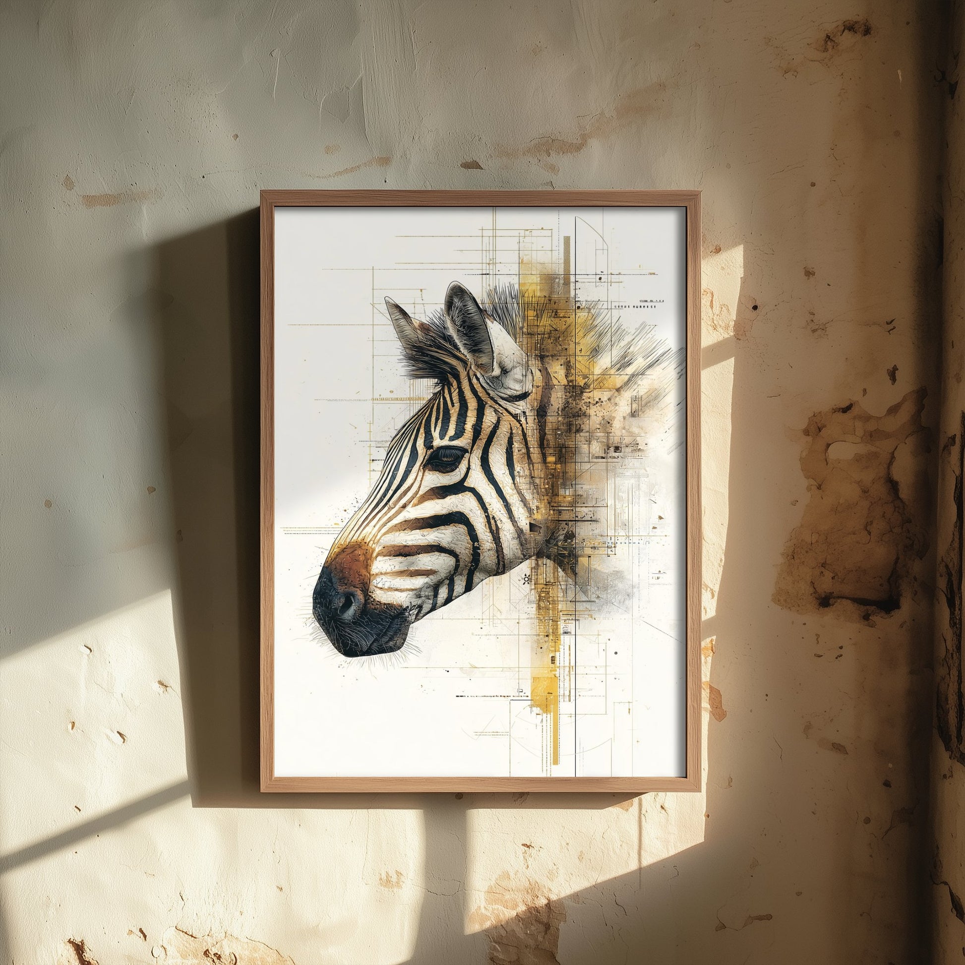 Zebra Diagram Art Print - Gold Blueprint Safari Poster - Wild Animal Sketch Illustration - Zebra Portrait 3/3
