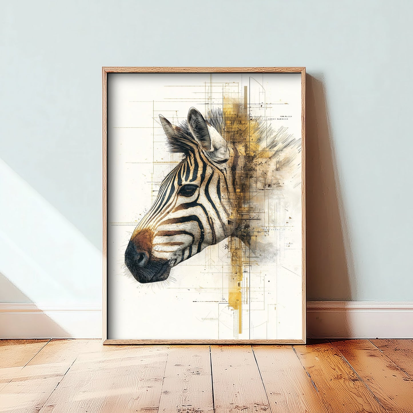 Zebra Diagram Art Print - Gold Blueprint Safari Poster - Wild Animal Sketch Illustration - Zebra Portrait 3/3