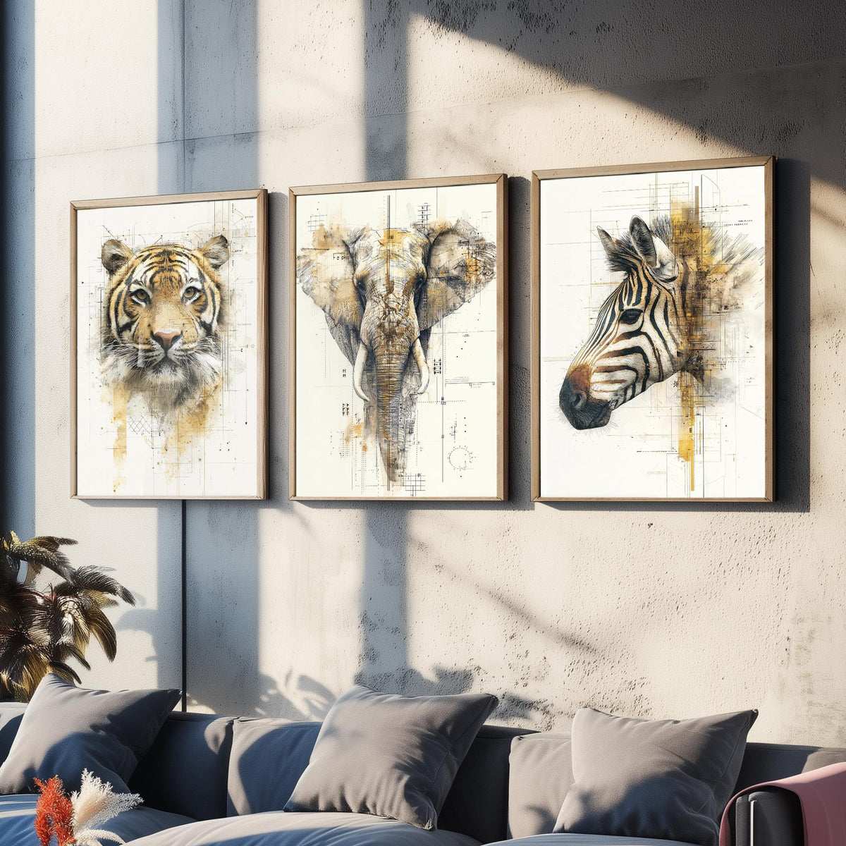 Safari Animals Set of Three Art Prints - 3 Tiger Elephant Zebra Posters - Gold Blueprint Watercolour Wall Art Illustration